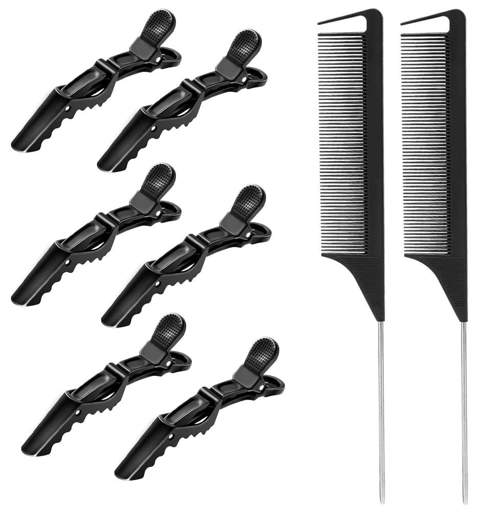 FitMe 6Pcs Professional Hair Sectioning Clips - Alligator Style Salon Hair Dividing Clips with Non-Slip Grip, Includes 2 Tail Combs (Black Plastic) - Perfect for Styling, Coloring & Hairdressing at Home or Salon