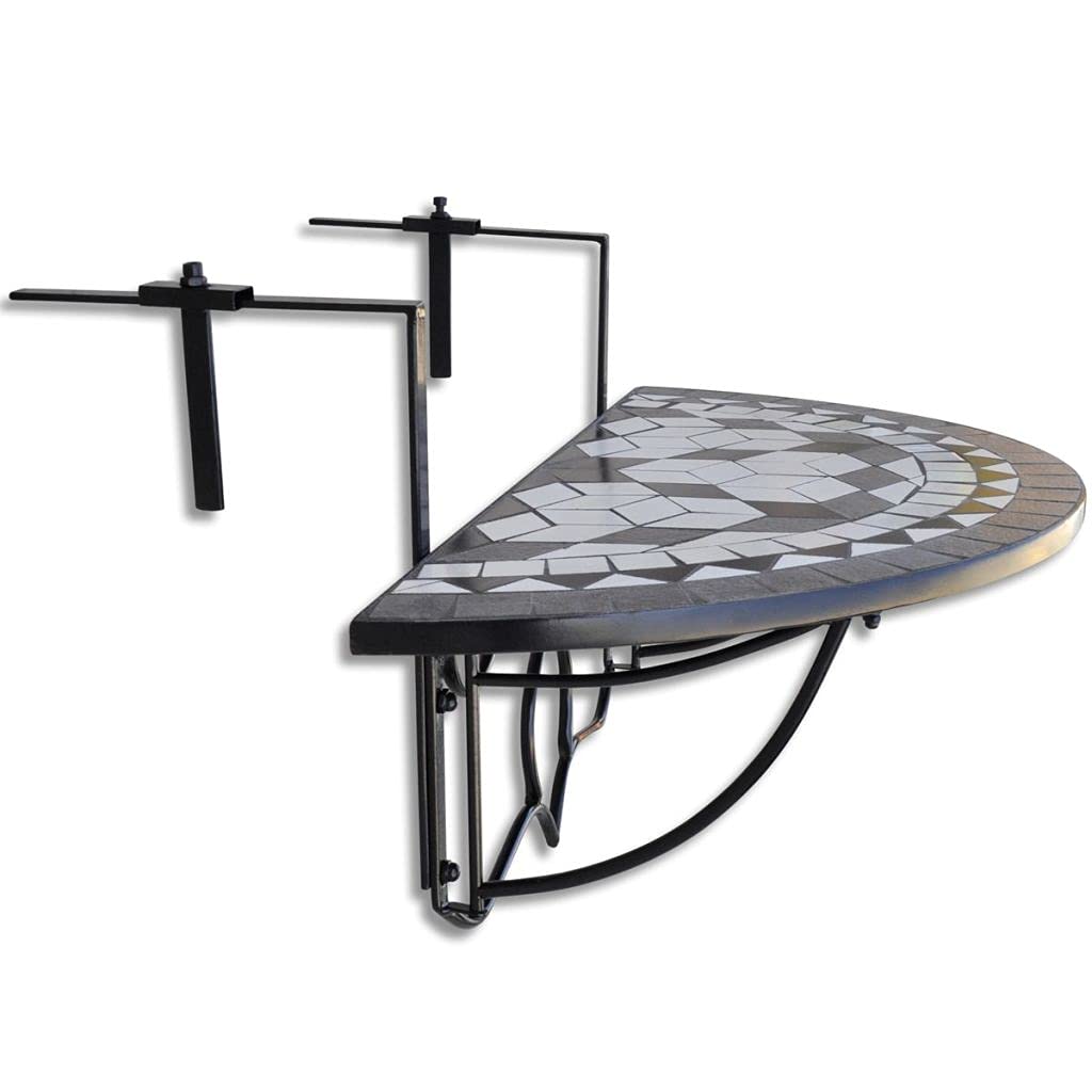 Foldable Hanging Balcony Table - Semi-Circular Outdoor Furniture for Backyard, Lawn, Poolside & Patio - Space-Saving Black & White Mosaic Design - Perfect for Small Spaces, Apartment Living & Outdoor Relaxation