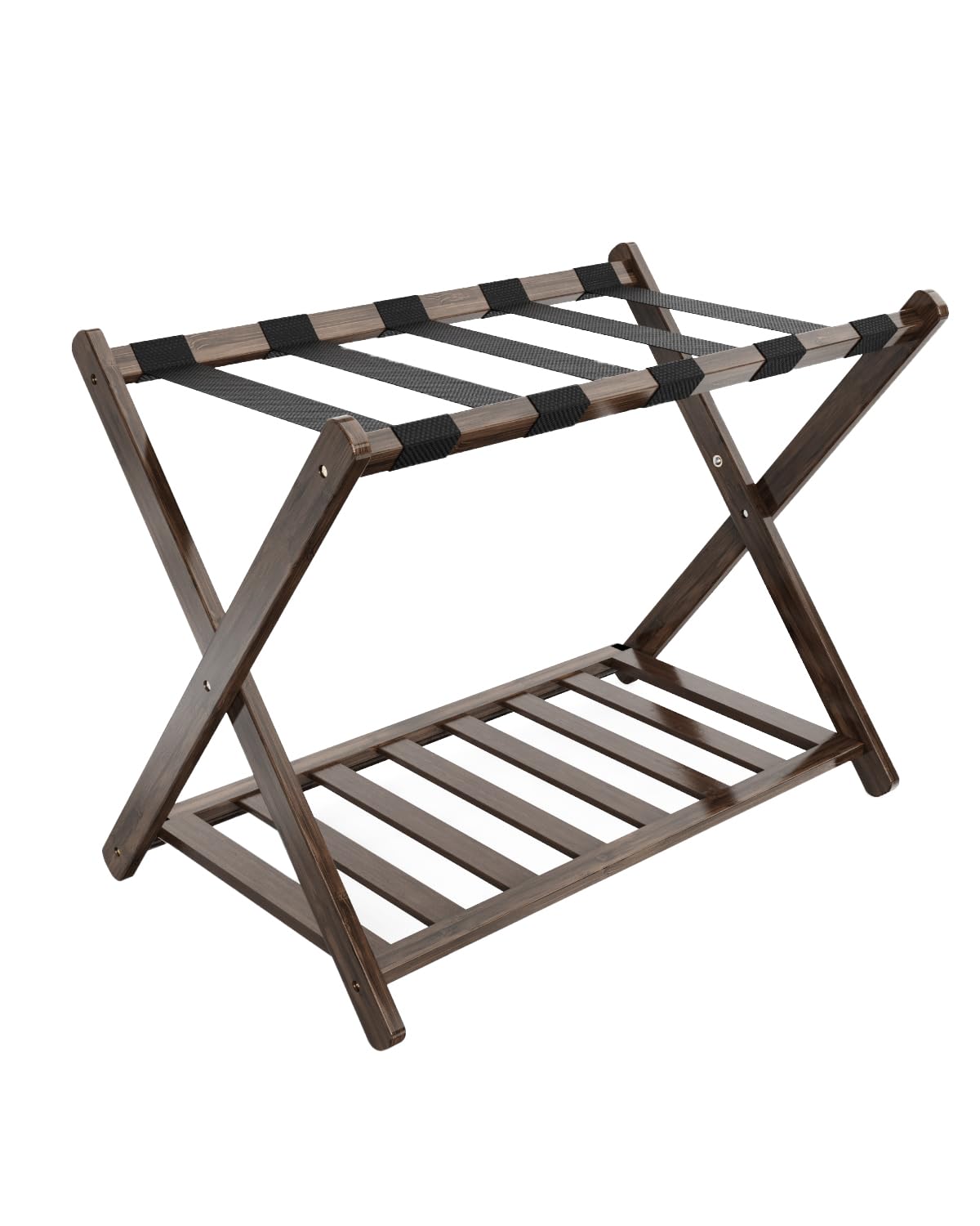 Foldable Bamboo Luggage Rack with Storage Shelf - 5 Nylon Straps for Secure Holding - Space-Saving Suitcase Stand for Guest Rooms, Bedrooms & Hotels - Perfect for Travel Storage & Home Organization (Brown)