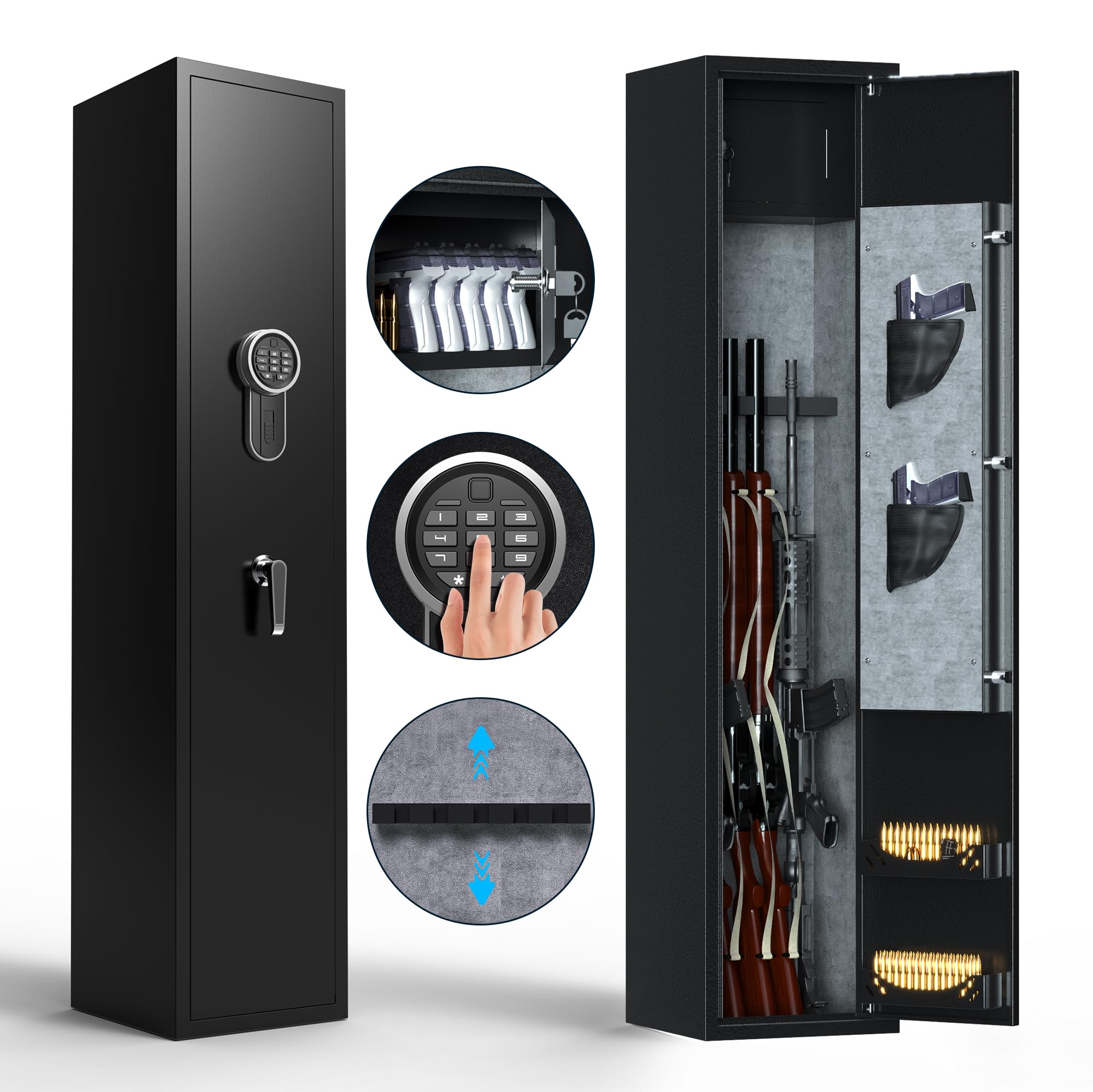 METAN Heavy Duty Digital Gun Safe for Rifles & Pistols - 5 Gun Security Cabinet with LED Light, Alarm System & Interior Storage Box - Ideal for Home, Office & Gun Range Use (Black)