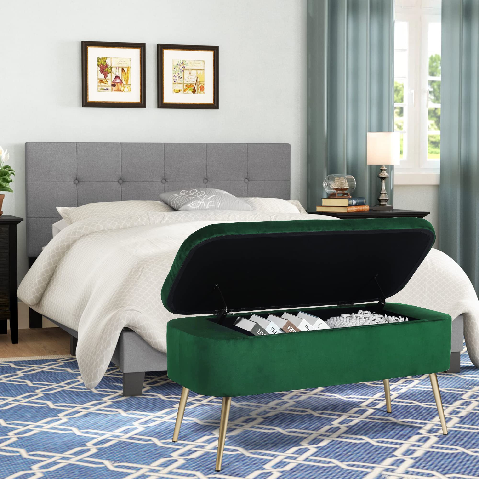 Joveco Velvet Upholstered Storage Bench with Golden Metal Legs - Modern Ottoman Footrest, Coffee Table for Entryway, Living Room, Bedroom & Window Seat - Soft Padded Seat (Green) | Perfect for Small Space Organization, Extra Seating & Stylish Home Decor