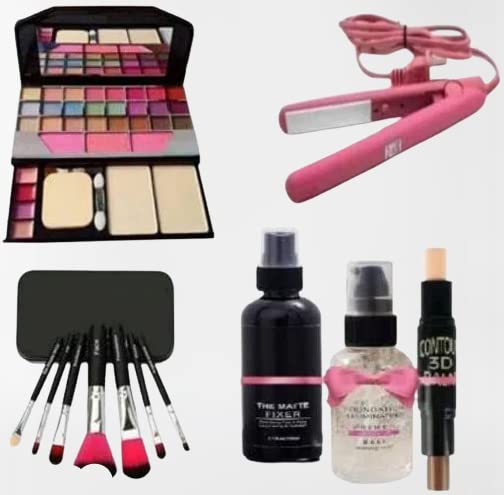 7-Piece Makeup Brush Set with Primer & Hair Straightener - Perfect for Styling & Beauty Routines