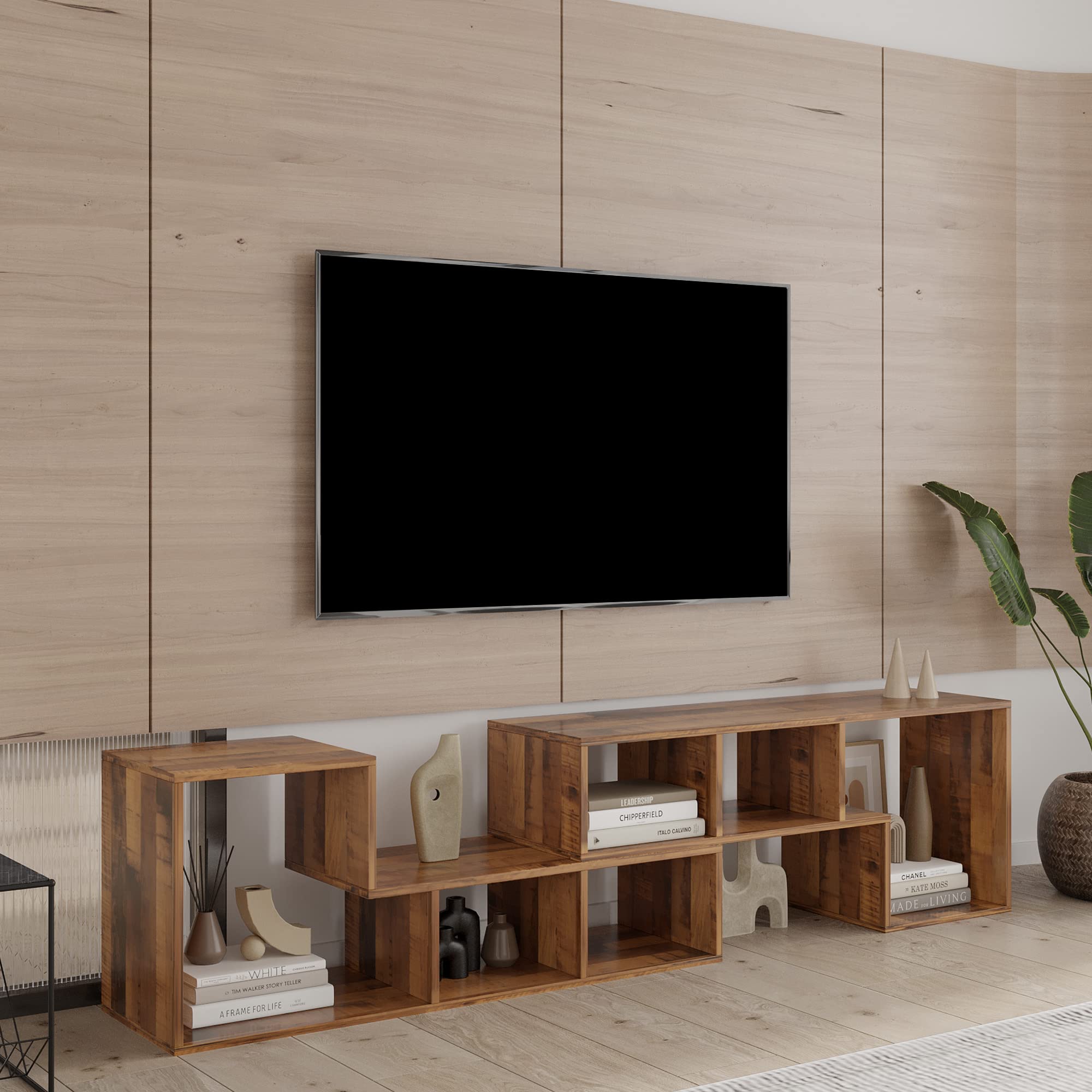 Alemior 2-Piece Wooden TV Stand with Storage Cubes & Bookcase - Modern Entertainment Center for 32-65 Inch TVs - Media Console with Wood Grain Finish - Perfect for Living Room, Bedroom & Home Theater Setup