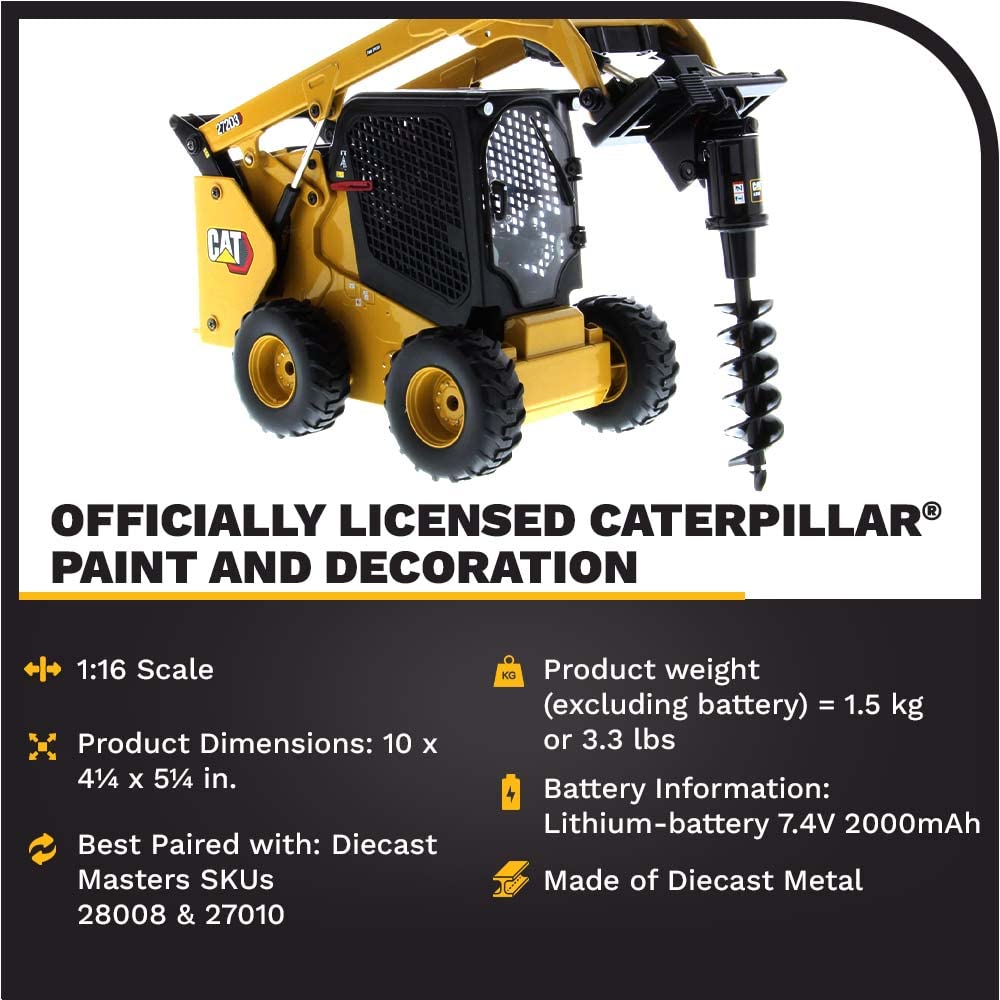 Diecast Masters 1:16 Scale Radio Control Cat 272D3 Skid Steer Loader with 4 Interchangeable Attachments (Bucket, Auger, Forks, Broom) - Premium RC Construction Toy for Collectors & Kids | Ideal for Construction Play, Display, and Remote Control Fun