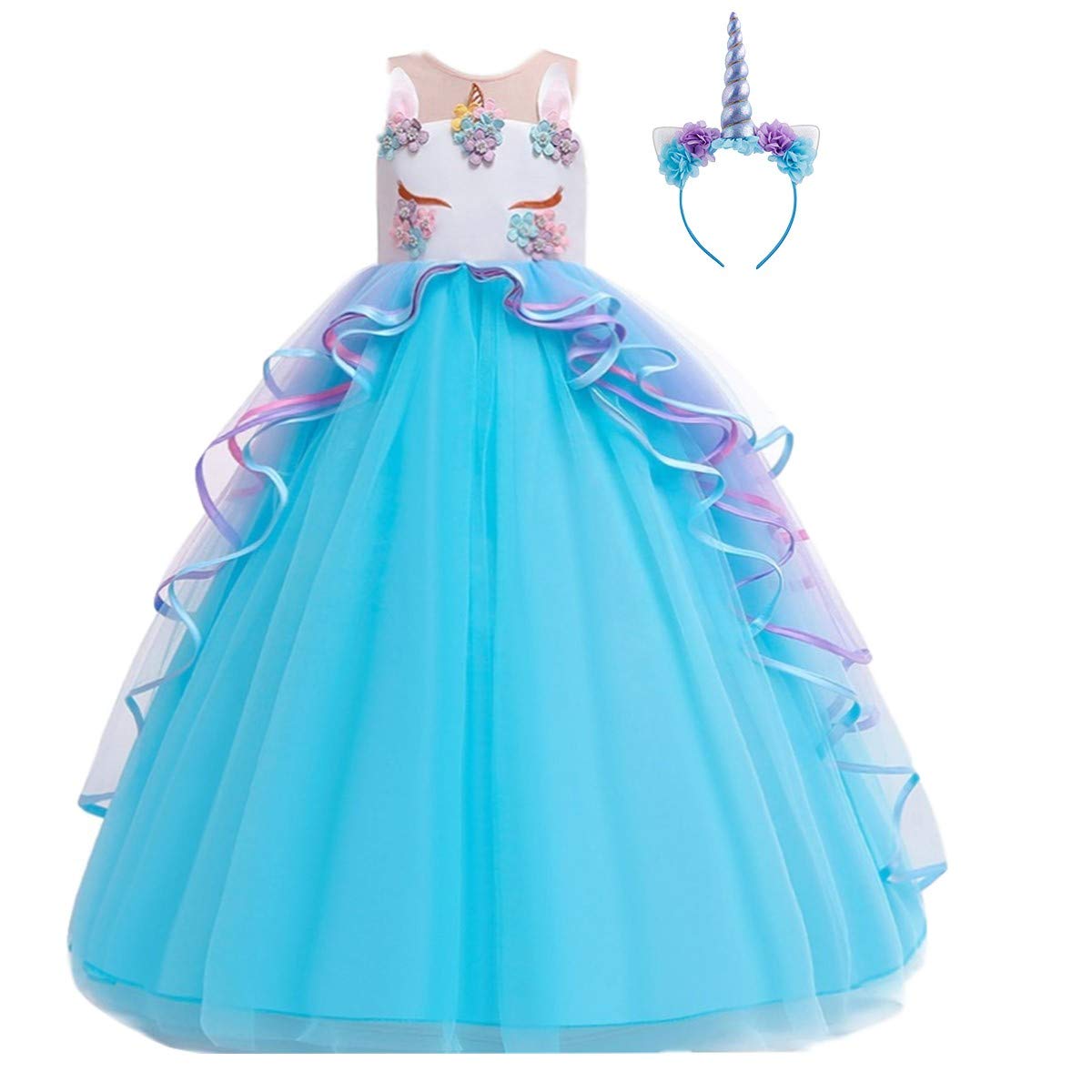 Unicorn Princess Costume for Girls - Long Maxi Tulle Dress with Headband for Birthday Party, Carnival, Cosplay & Dress Up | Perfect for Halloween, Christmas, Fairy Tale Themed Events & Photo Shoots