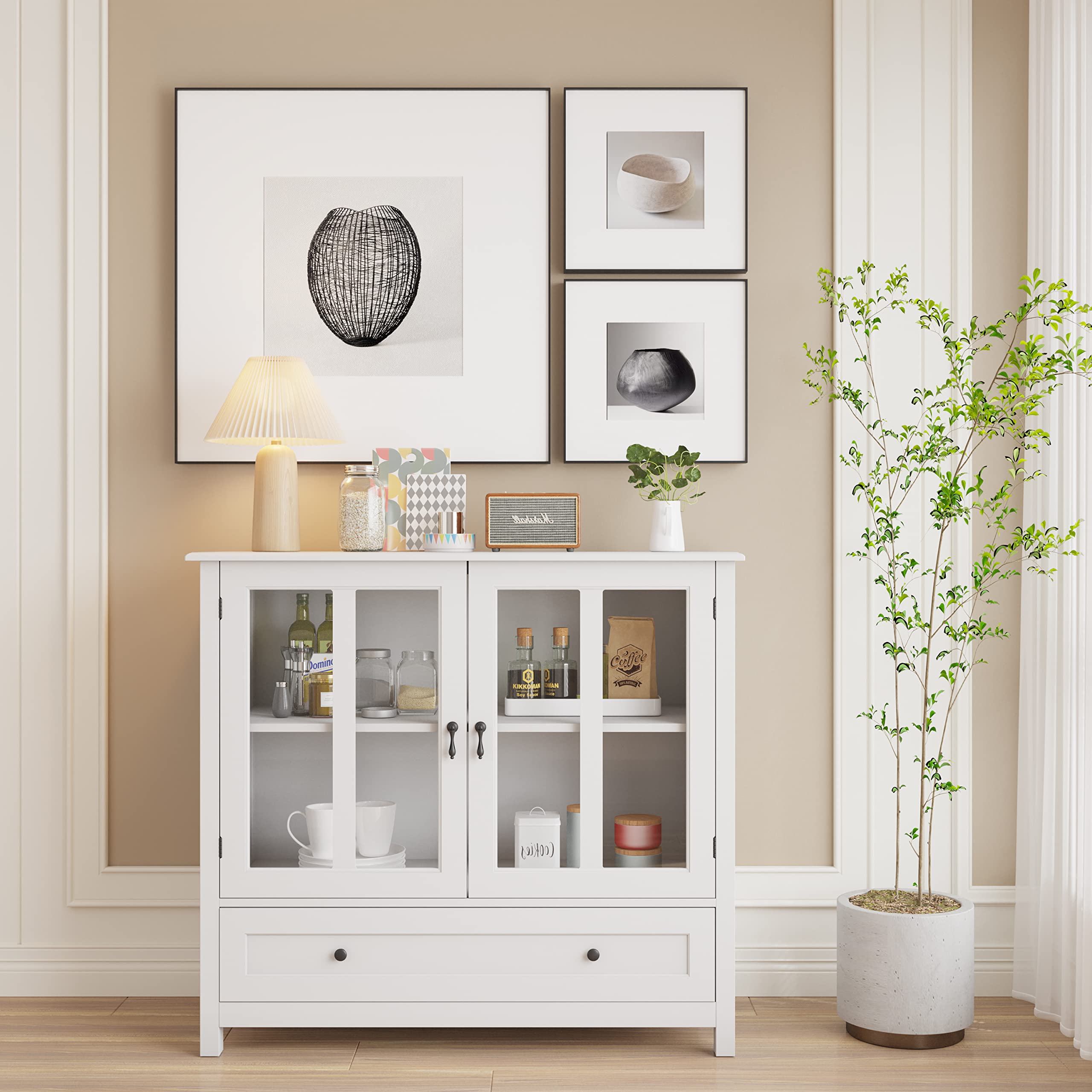 Buffet Storage Cabinet with Double Glass Doors & Unique Bell Handle - Elegant Dining Room Buffet for China Display, Tableware Storage & Home Decor