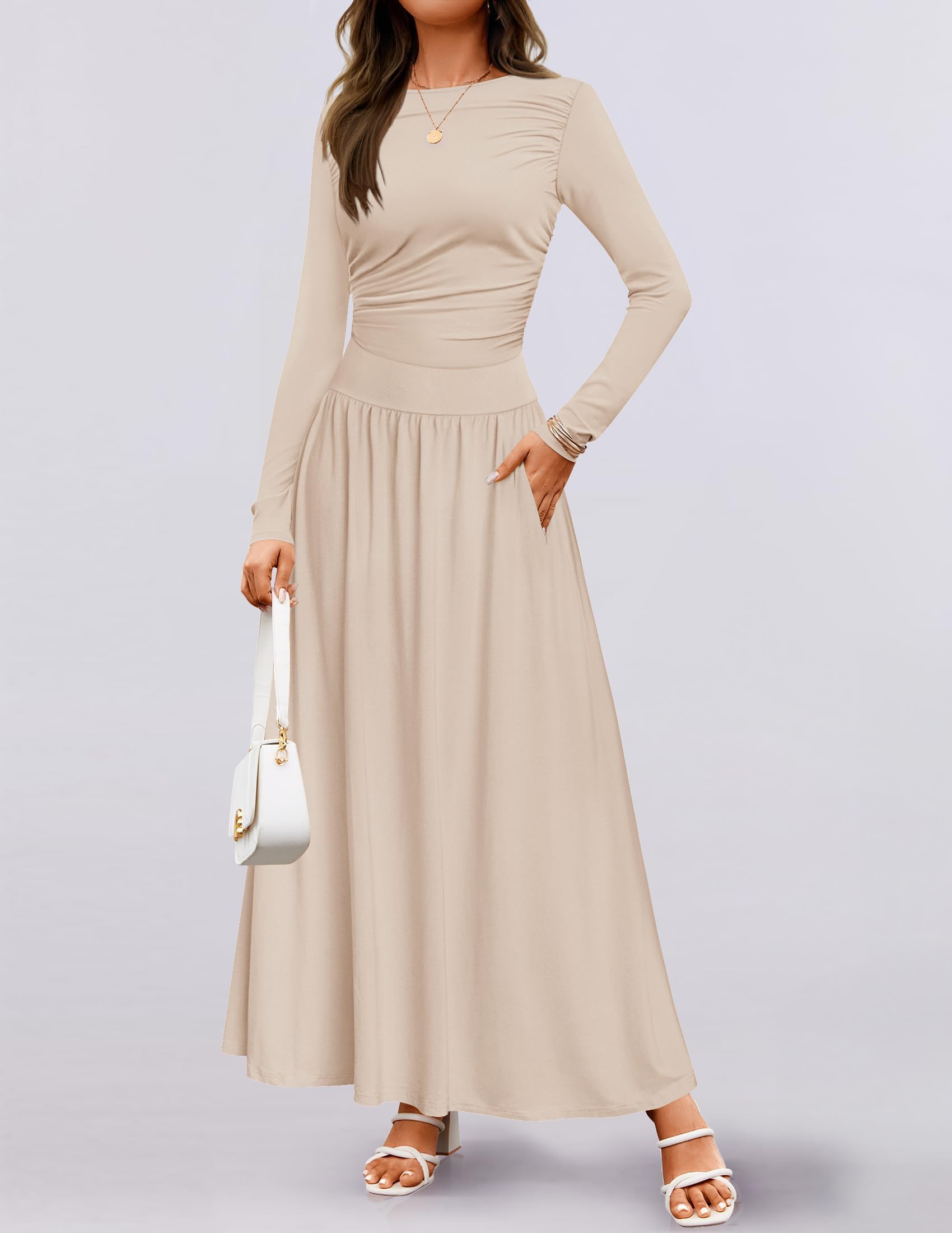 ZESICA Women's Long Sleeve Maxi Dress 2025 - Crewneck Knit Casual Slim Swing Pleated Dress with Pockets | Spring Summer Flowy Dress for Beach, Wedding & Everyday Wear