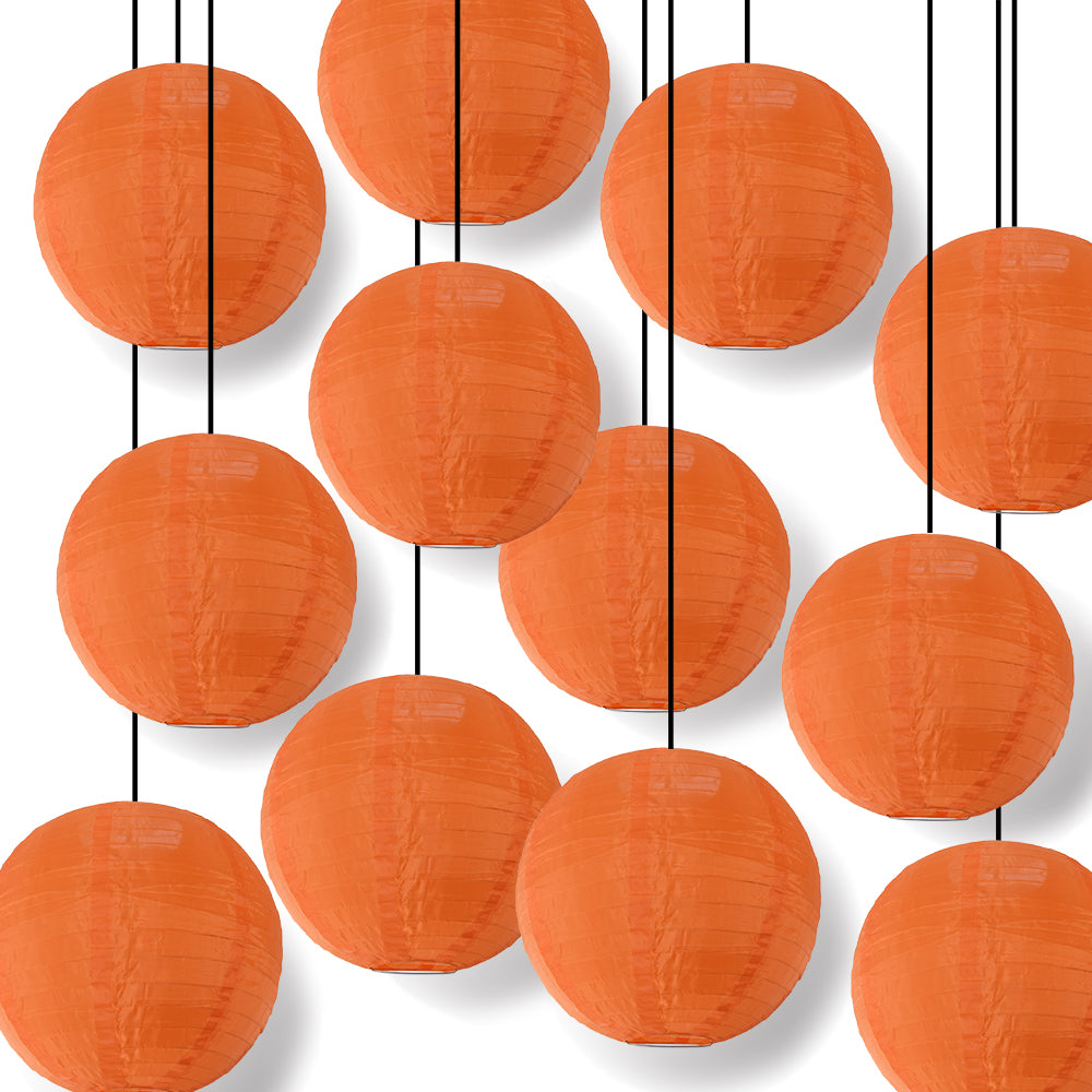 12 Pack Orange Shimmering Nylon Lanterns - 14 Inch Even Ribbing, Durable Hanging Decorations for Parties, Weddings & Outdoor Events