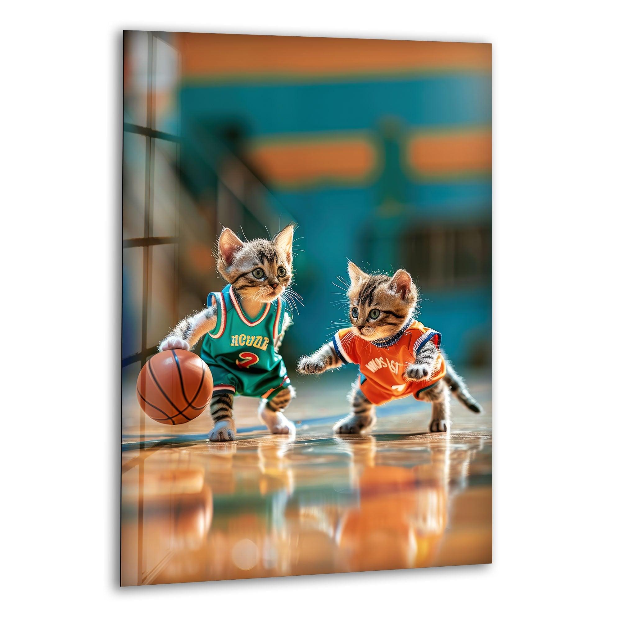 Basketball Player Cats Glass Wall Art - Unique Sports Decor for Cat Lovers - Perfect for Living Room, Bedroom, or Game Room Decorations