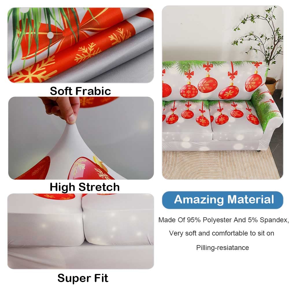 Stretchable Christmas Print Sofa Slipcover - Washable Removable 3-Cushion Couch Cover for Living Room (Grey-Red, Small) | Holiday Home Decor & Furniture Protection