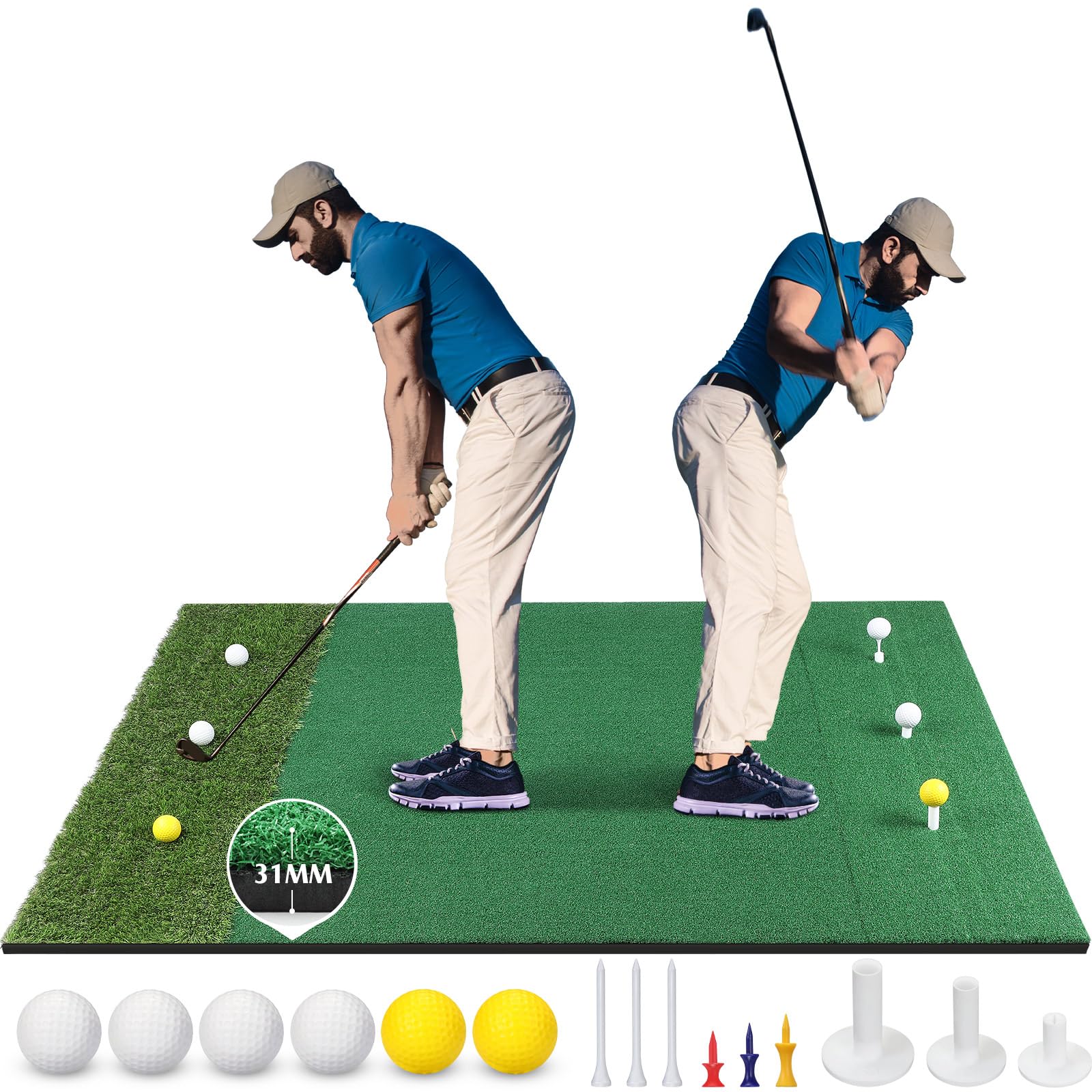 Premium 5x4 ft Golf Hitting Mat Set with Nylon Turf - Thickened Practice Mat Includes 3 Rubber Tees, 6 Golf Balls & 6 Tees - Perfect for Indoor/Outdoor Golf Training, Chipping & Swing Practice - Ideal for Backyard, Garage & Driving Range Use