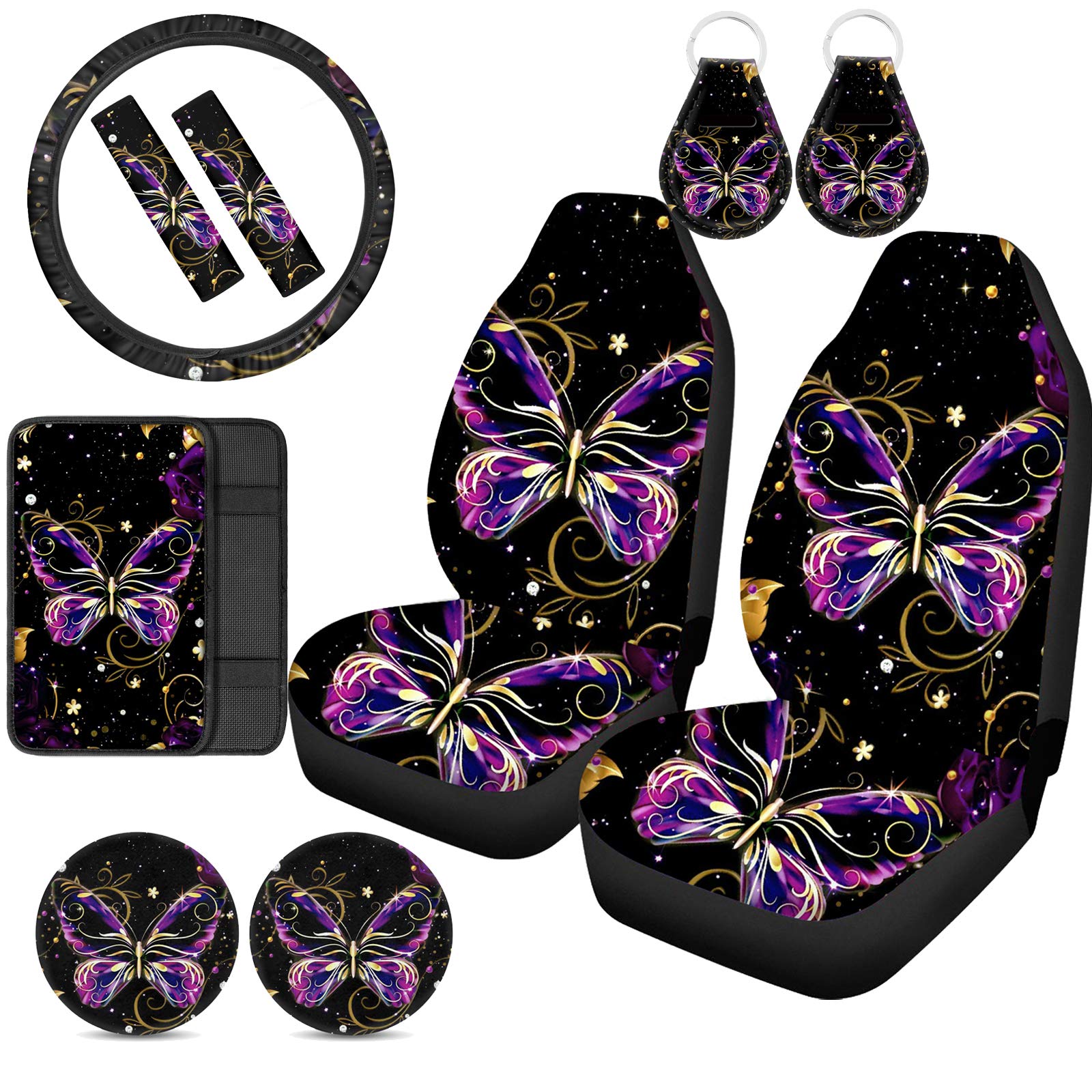 Universal Car Seat Covers with Butterfly Design - Premium Car Accessories for Women | Steering Wheel Cover, Galaxy Seat Belt Pads, Cup Holder Coaster & Armrest Protector | Perfect for Daily Commute, Road Trips & Car Interior Protection