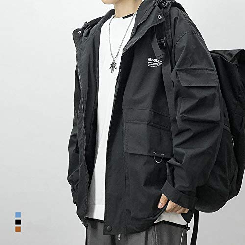 Japanese Streetwear Loose Fit Plus Size Hooded Jacket for Men - Black Harajuku Style Korean Fashion Coat | Autumn Outerwear for Casual Wear & Urban Street Style