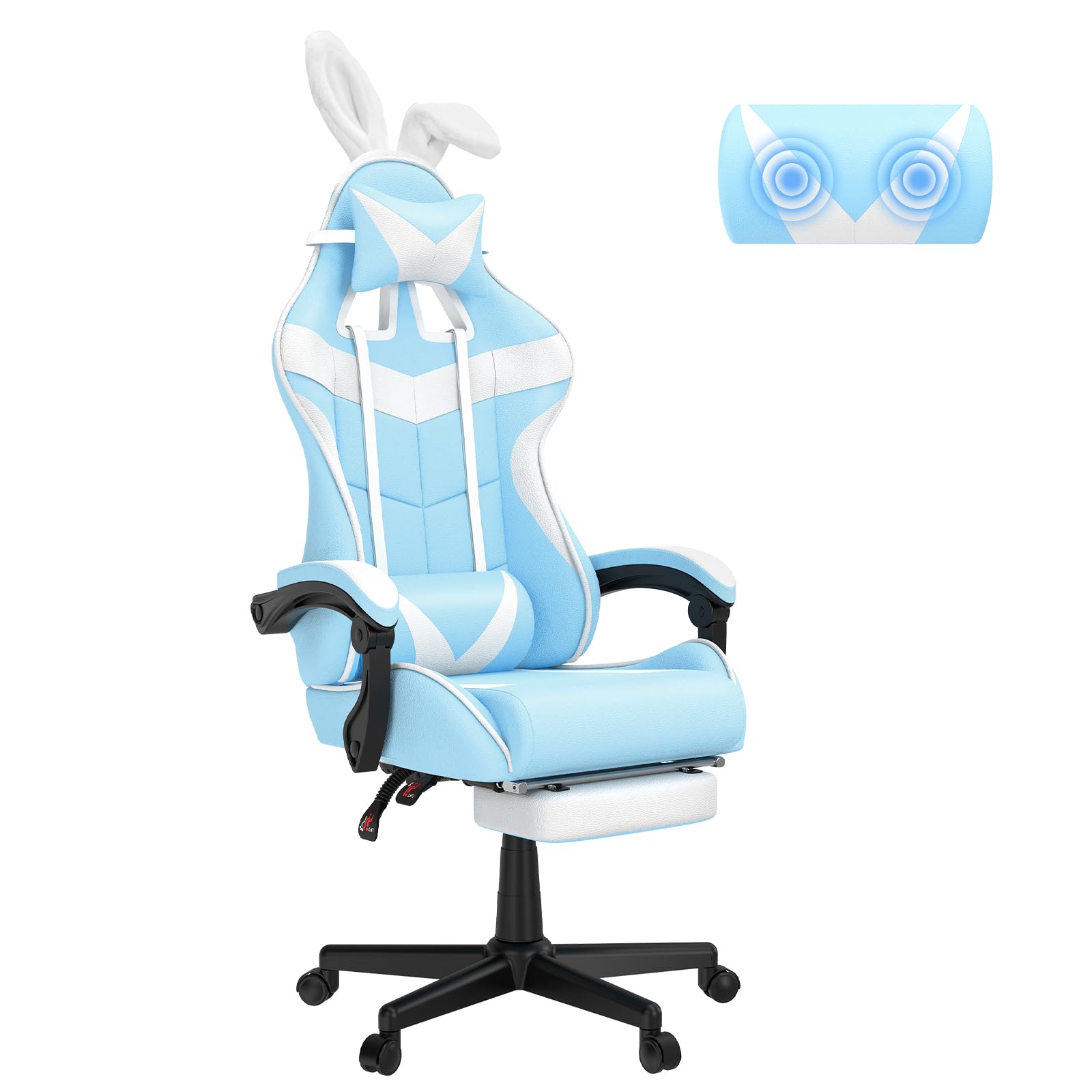 Soontrans Light Blue Gaming Chair with Adjustable Footrest - Cute Bunny Design Ergonomic Computer Chair for Girls, Teens & Women - Perfect for Gaming, Studying & Office Work