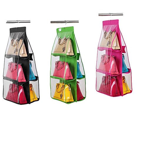 6-Pocket Clear Handbag Storage Organizer with Anti-Dust Cover - Large Hanging Closet Rack for Purses & Shoulder Bags - Space Saving Closet Accessory (Black) | Perfect for Bedroom, Closet & Travel Organization