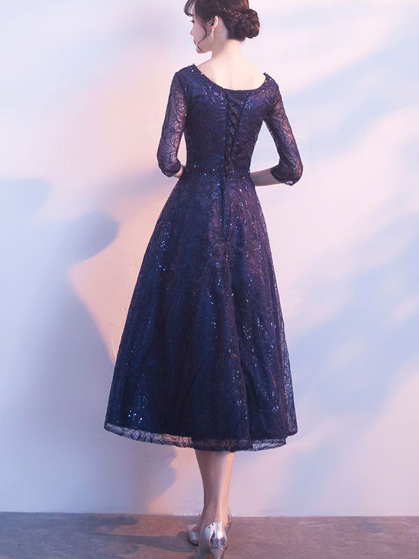 Elegant Blue Sequin Lace Midi Party Dress for Women - A-Line Formal Gown for Mother's Day, Wedding Guest & Special Occasions