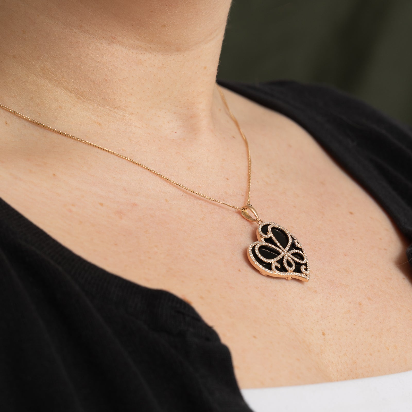 Onyx and Diamond Heart Pendant Necklace - 18.00ct Black Onyx with 0.40ctw Diamond Accents | Elegant Jewelry Gift for Women, Perfect for Valentine's Day, Anniversary or Special Occasions