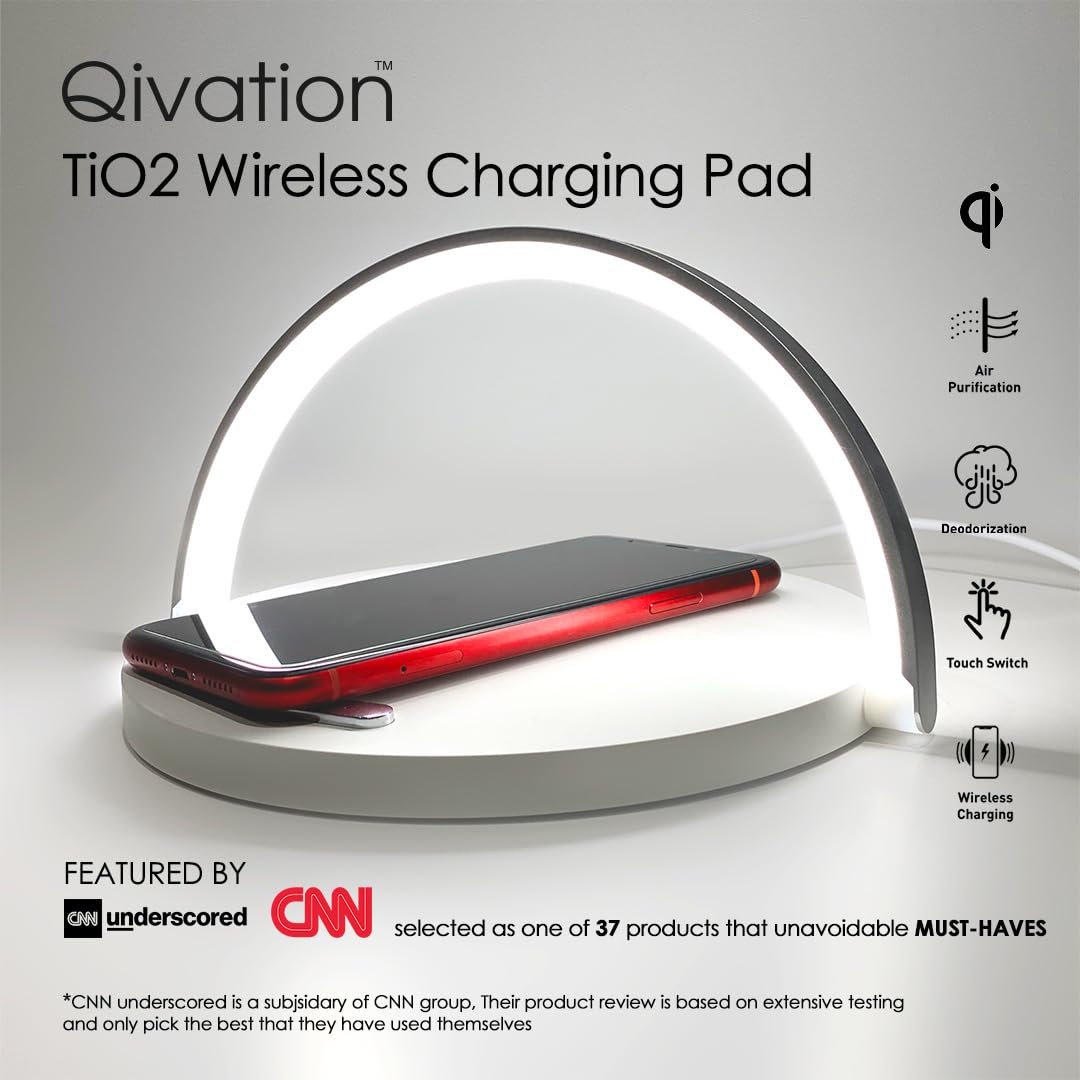 Qivation TiO2 Multifunctional Desk Lamp with Wireless Charger - Japan Tech 24/7 Air Purification, LED Table Lamp with 3 Brightness Levels, Phone Stand & Eye-Caring Night Light - Perfect for Home Office, Study, Bedroom & Night Reading