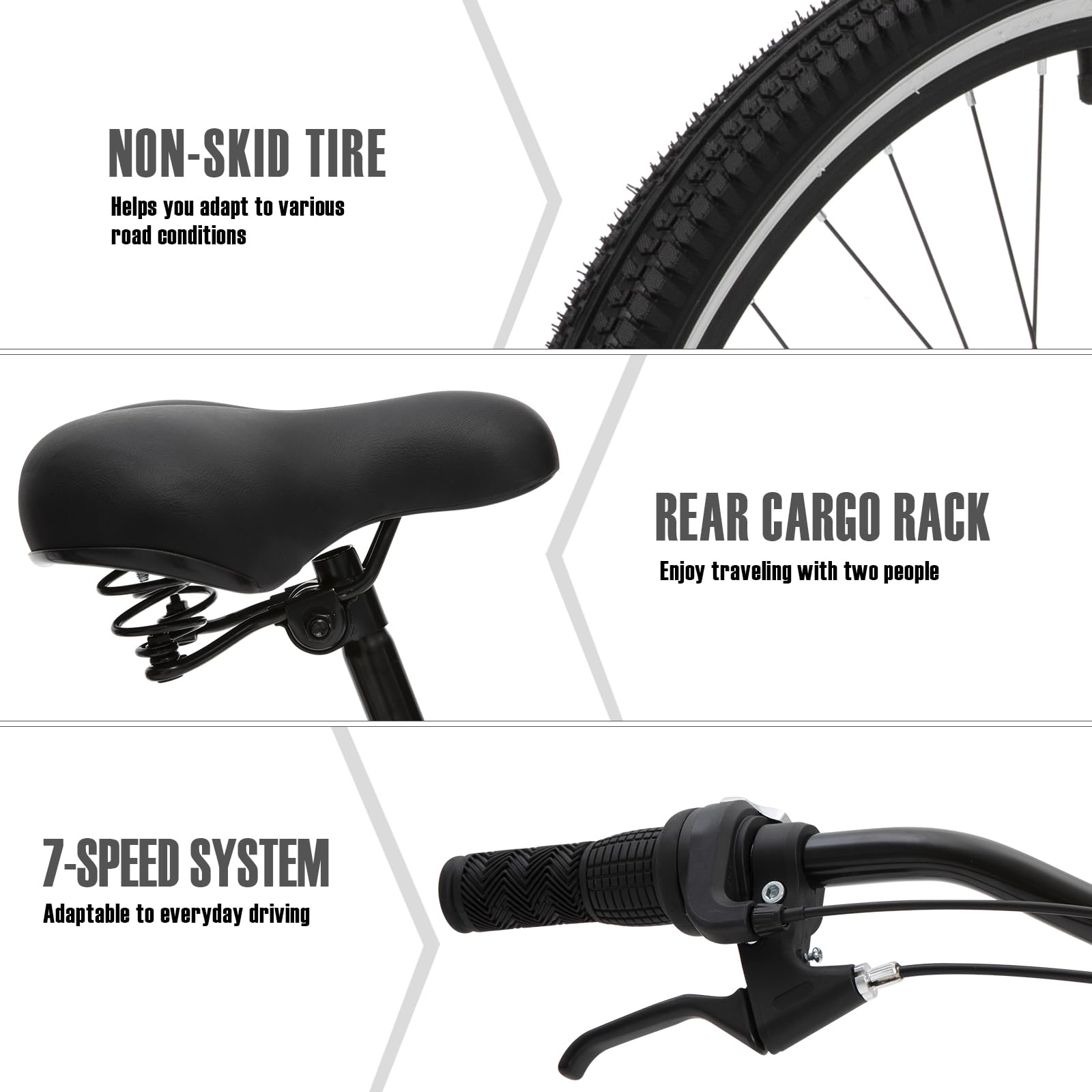 26 Inch 7-Speed Adult Beach Cruiser Bike for Men - Hybrid Bicycle with Stable Ride for Riders 5' to 7' - Perfect for Coastal Rides, City Commuting & Leisure Cycling (Black)