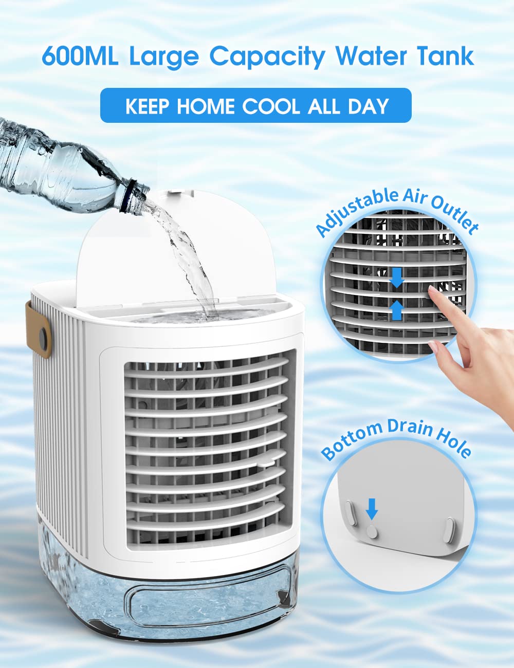 Mini Portable Air Conditioner - 3 Speed Desktop Air Cooler with Leather Handle & 7 LED Lights | Small Evaporative Cooler for Office, Dorm, Bedroom | Personal Cooling for Home & Workspace