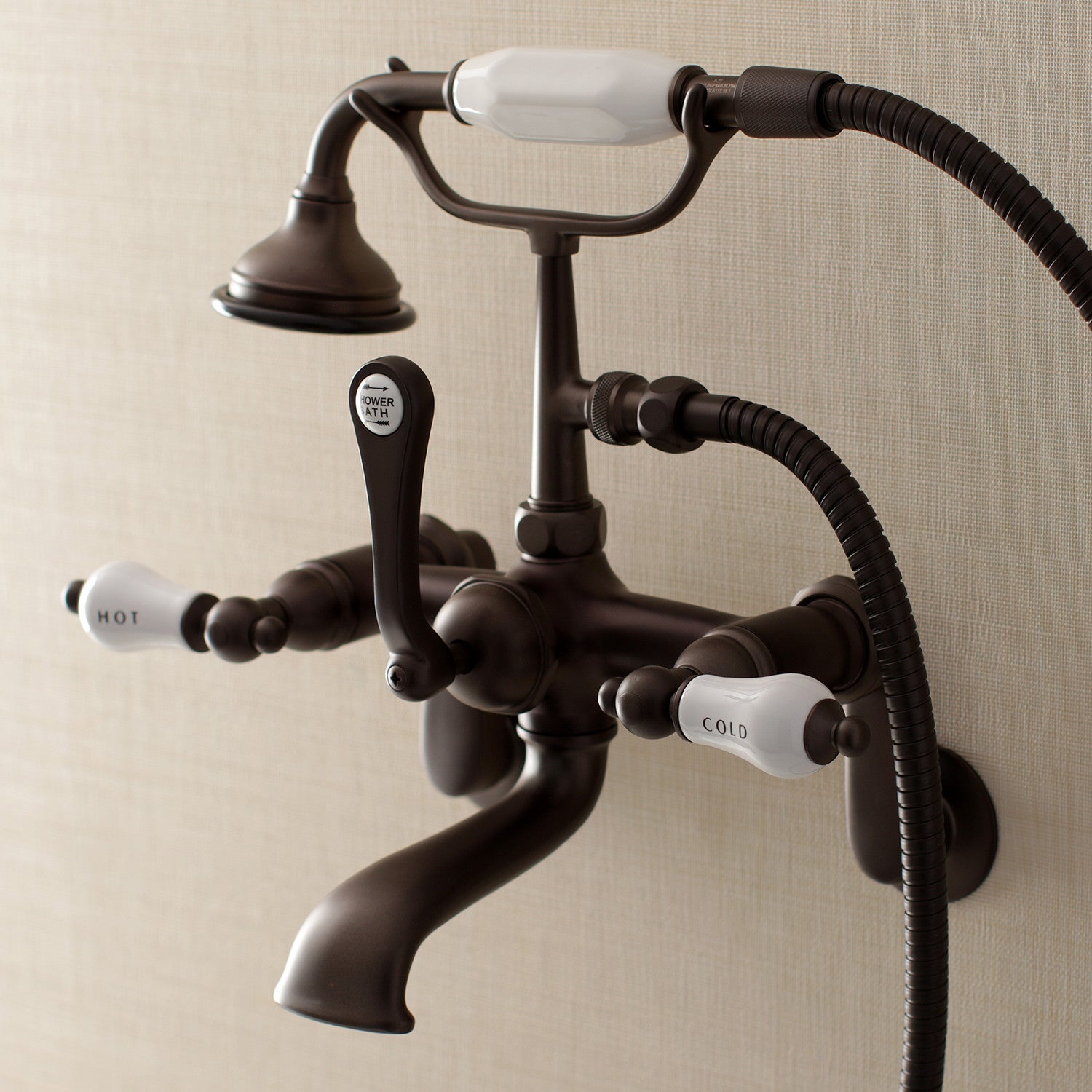 Vintage AE53T5 3-Handle 2-Hole Wall Mount Clawfoot Tub Faucet with Hand Shower in Oil Rubbed Bronze - Perfect for Classic Bathroom Renovations & Luxury Spa Retreats