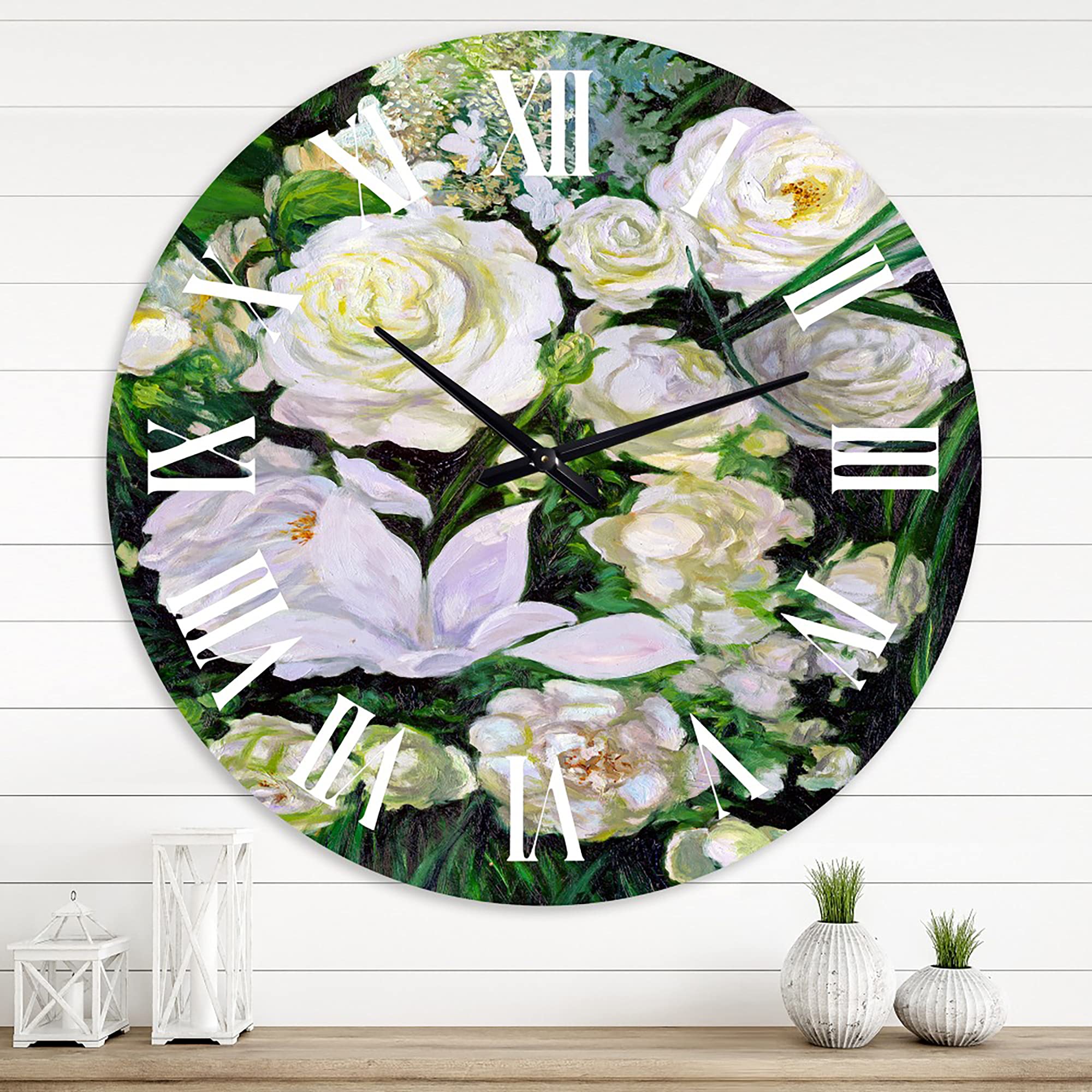 DesignQ Traditional Wall Clock 'Bouquet of White Roses' - Large Floral Botanical Wall Clock for Kitchen, Living Room & Bedroom Decor - Perfect for Home, Office & Gift Giving