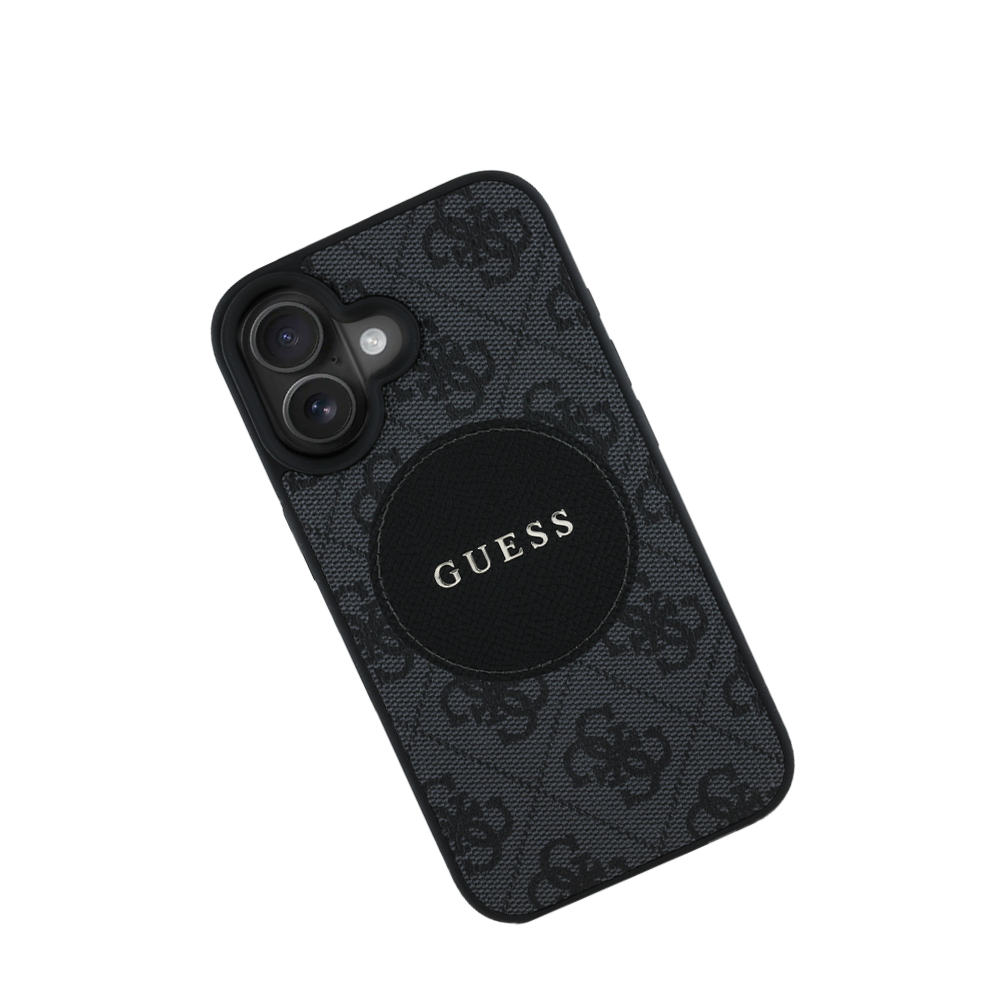 GUESS MagSafe Grained Leather iPhone 16 Case with Round Patch - Slim Protective Cover for iPhone 16 | Perfect for Work, Travel & Everyday Use