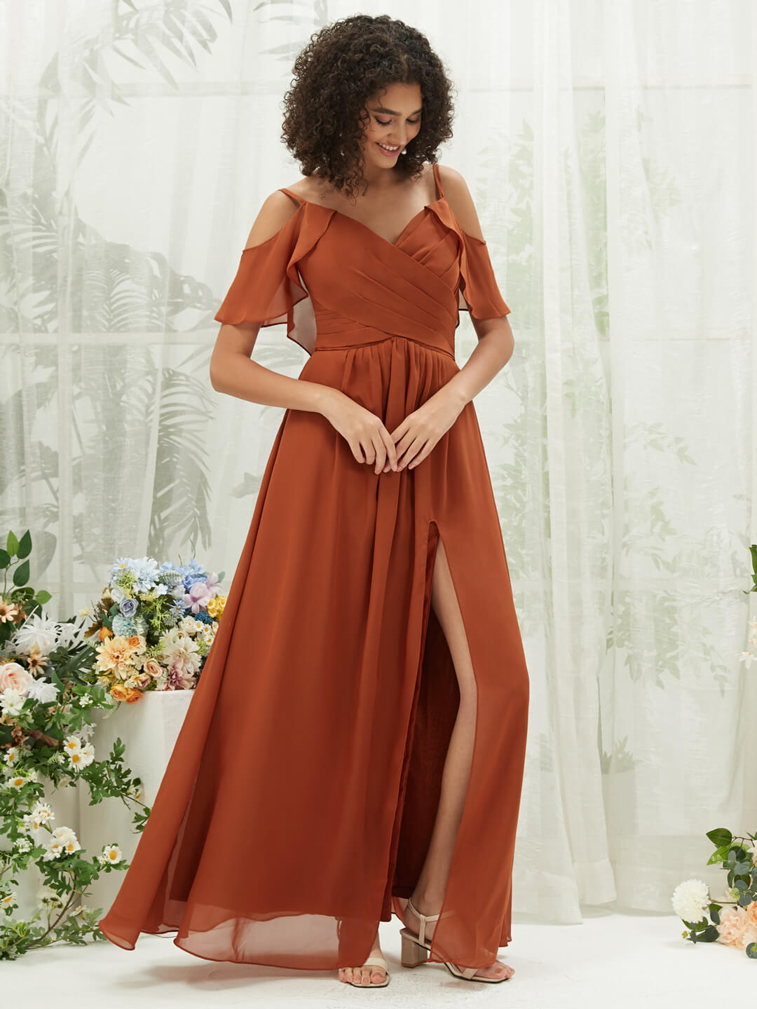 Elegant Burnt Orange Chiffon Ruffle Cold Shoulder Sweetheart Bridesmaid Dress - Perfect for Weddings, Formal Events & Special Occasions