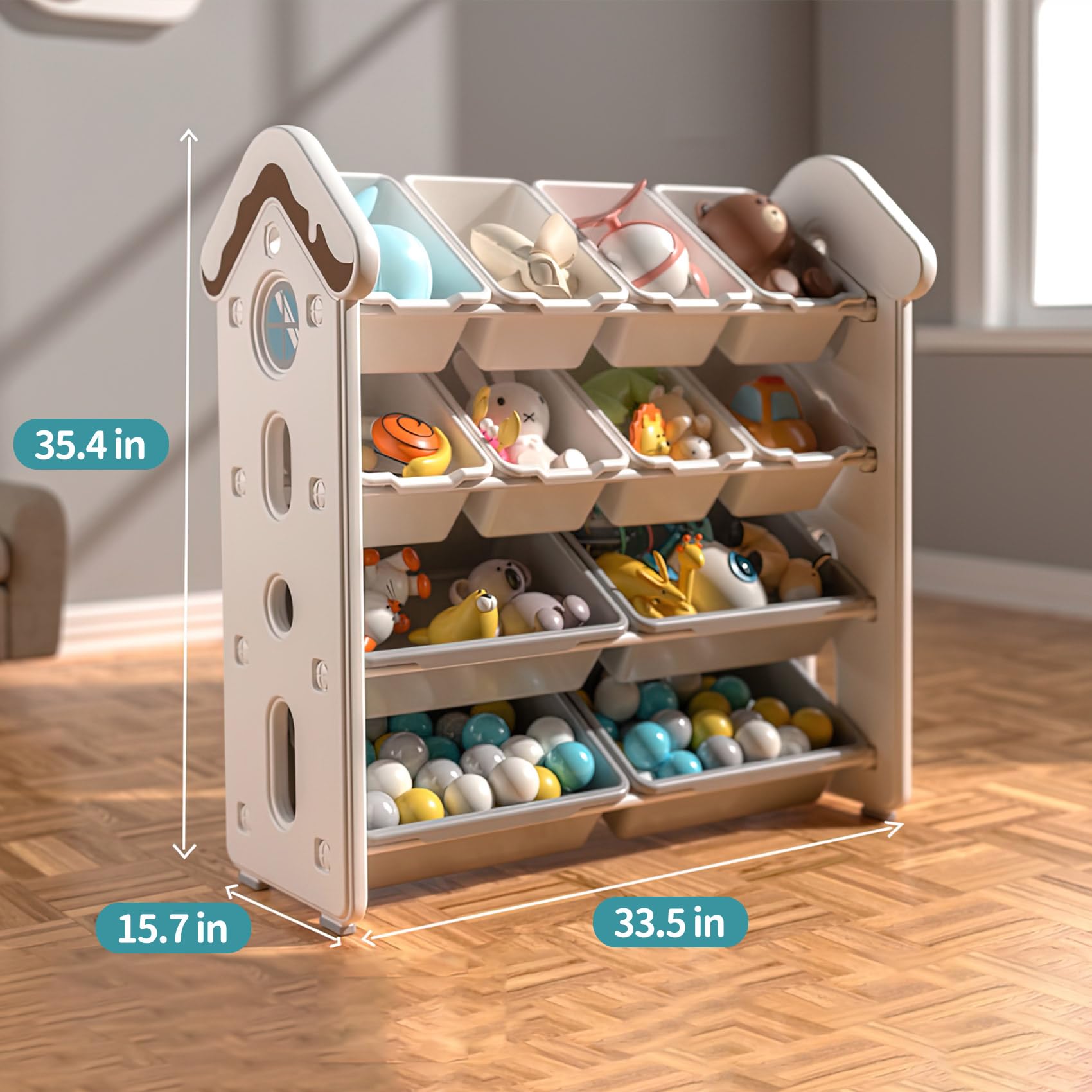 UNICOO® 4-Tier Kids Toy Storage Cabinet with 12 Bins - Montessori Style Organizer Shelf for Nursery, Playroom & Study Room - Durable White Toy Organizer for Educational Toys, Books & Crafts | Perfect for Daycare, Preschool & Homeschool Organization