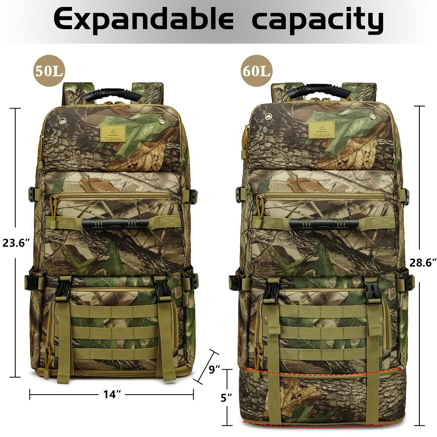 TUGUAN 50L/60L Expandable Military Tactical Backpack for Men - Waterproof Camouflage Laptop Hiking Backpack with Shoe Compartment, Large Capacity Durable Canvas Rucksack for Travel, Camping, Climbing & Outdoor Adventures