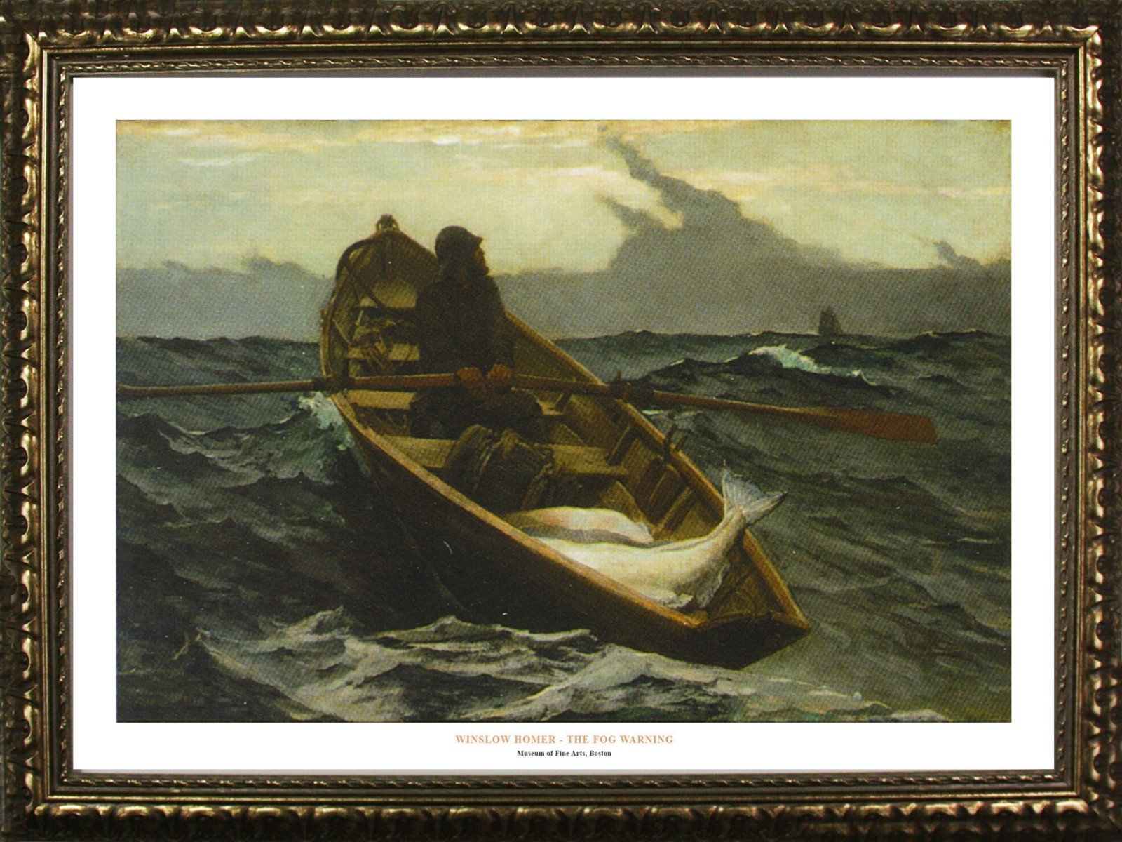 Framed The Fog Warning by Winslow Homer - 36x24 Art Print Poster of Fisherman in Rowboat with Storm Clouds & Waves | Museum of Fine Arts Boston Collection | Perfect for Living Room, Office & Coastal Decor