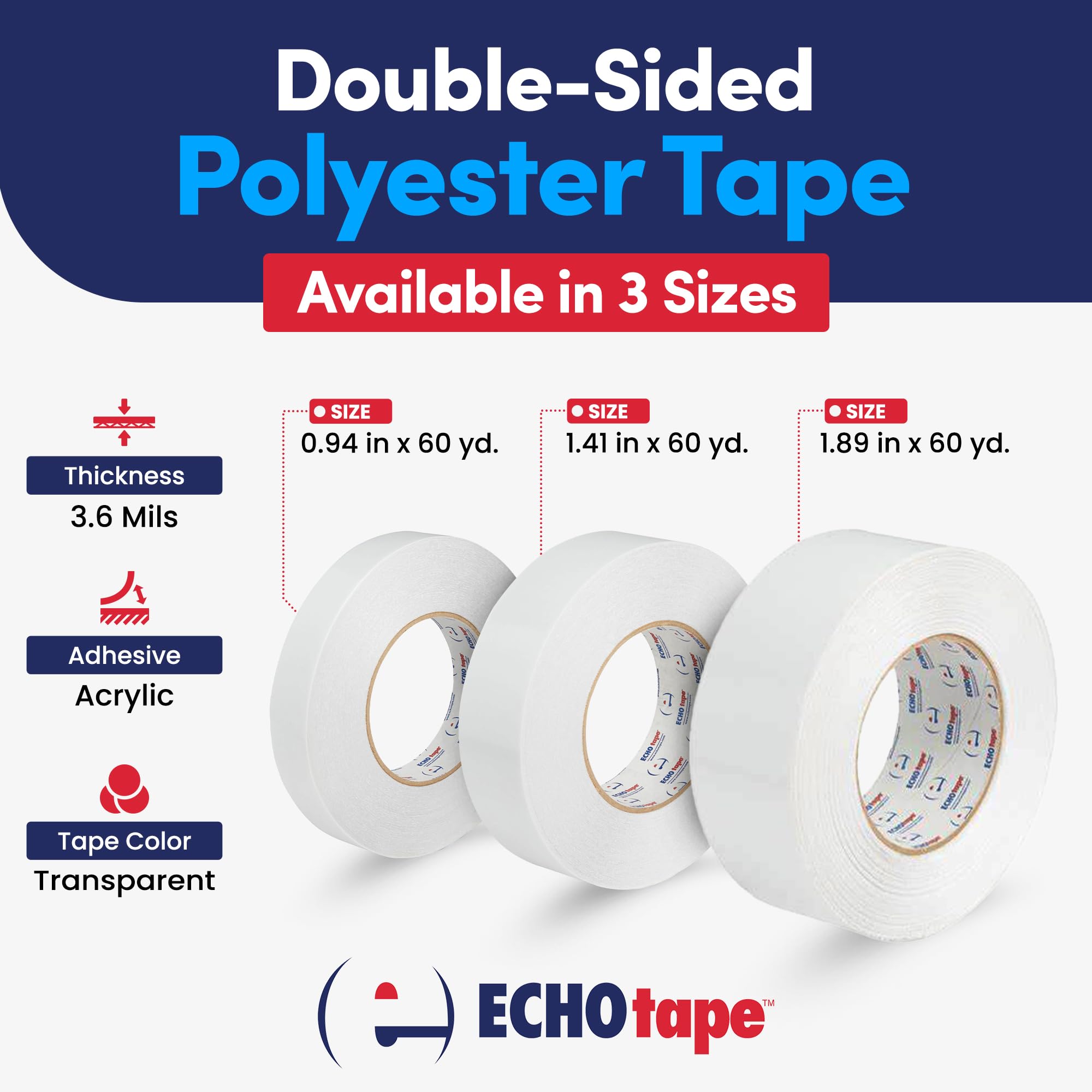 ECHOtape DC-M194A Double-Sided Polyester Tape - Clear Thin All Weather Adhesive for Insulation Mounting, Contractor Use - Superior Holding Power (0.94 in x 60 yd) - Perfect for Home Repairs, HVAC Installation & Automotive Applications