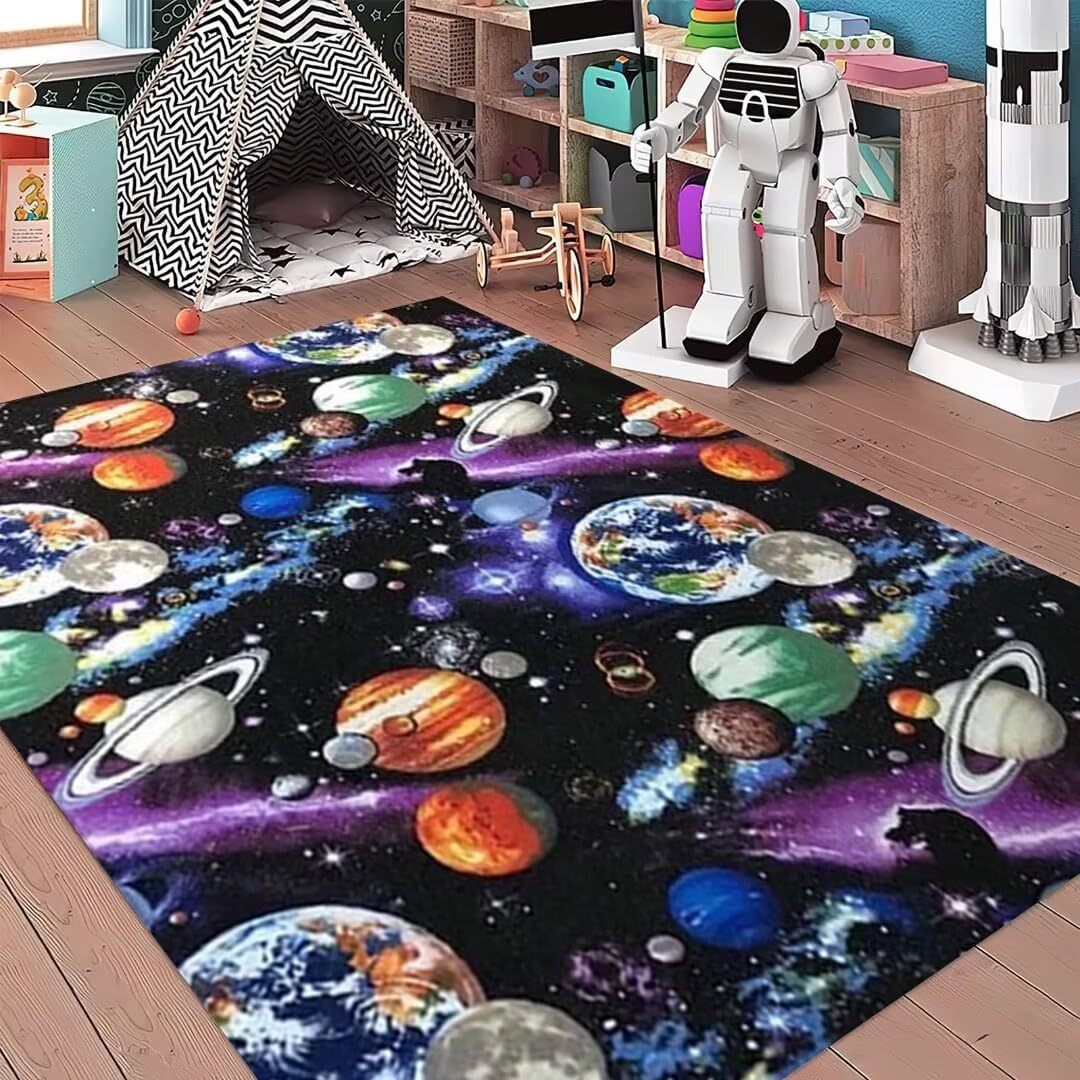 Outer Space Large Area Rug - Solar System Cartoon Planets Print Washable Flannel Carpet for Teens Bedroom (6'×9') | Durable Playroom Mat, Dining Room Decor & Kids Room Floor Covering
