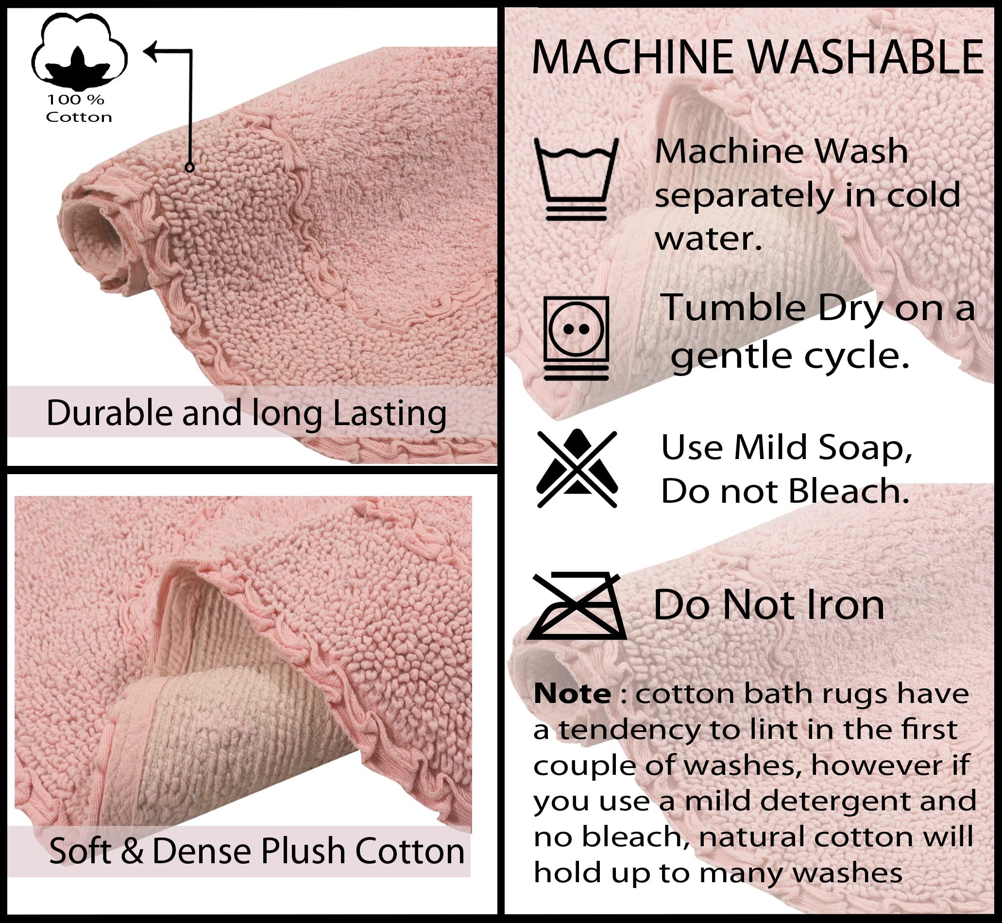 Home Weavers Radiant Collection 100% Cotton Bathroom Rugs Set - Ultra Soft, Absorbent & Washable Non-Slip Bath Mat for Bathroom & Kitchen - 3 Piece Contour Set in Pink - Perfect for Bathroom Safety & Cozy Home Decor