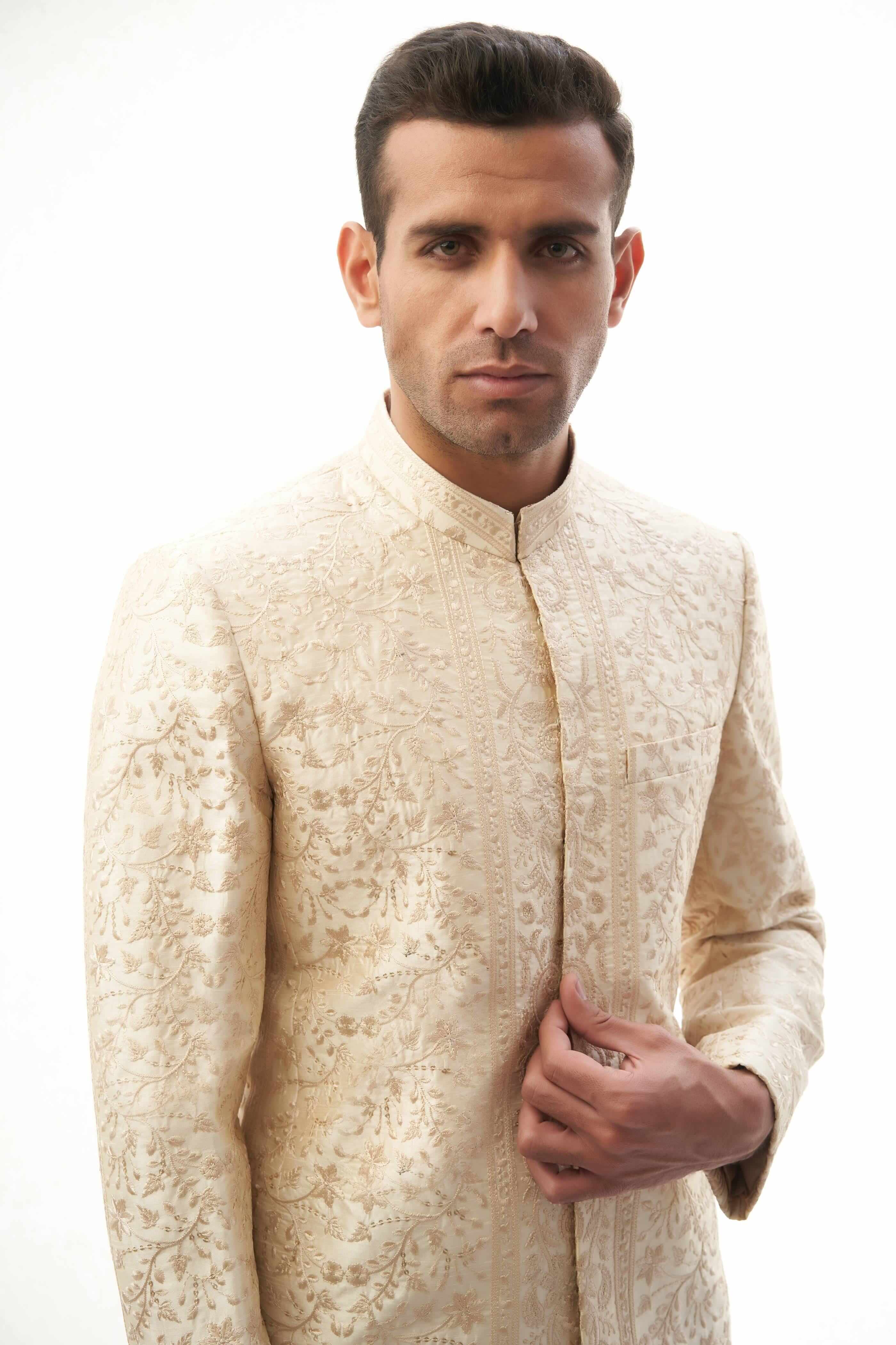 Elegant Fawn Persian Painting Inspired Sherwani for Men | Traditional Indian Wedding Attire | Perfect for Grooms, Festivals & Cultural Events