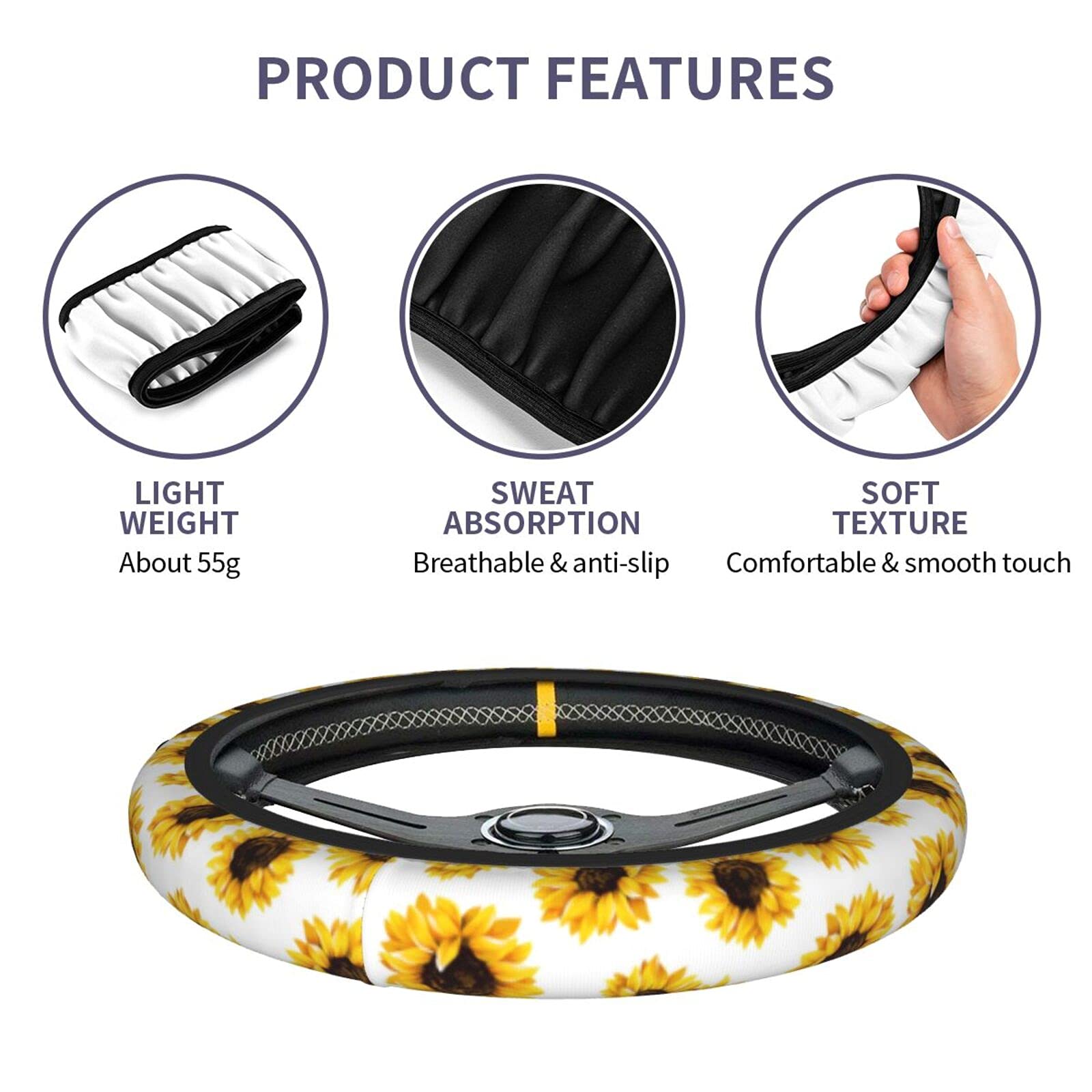 Sunflower Steering Wheel Cover for Cars - Universal 15 Inch Sunflower Car Steering Wheel Protector for Women, Men & Teens - Perfect for Summer Driving, Road Trips & Sun Protection