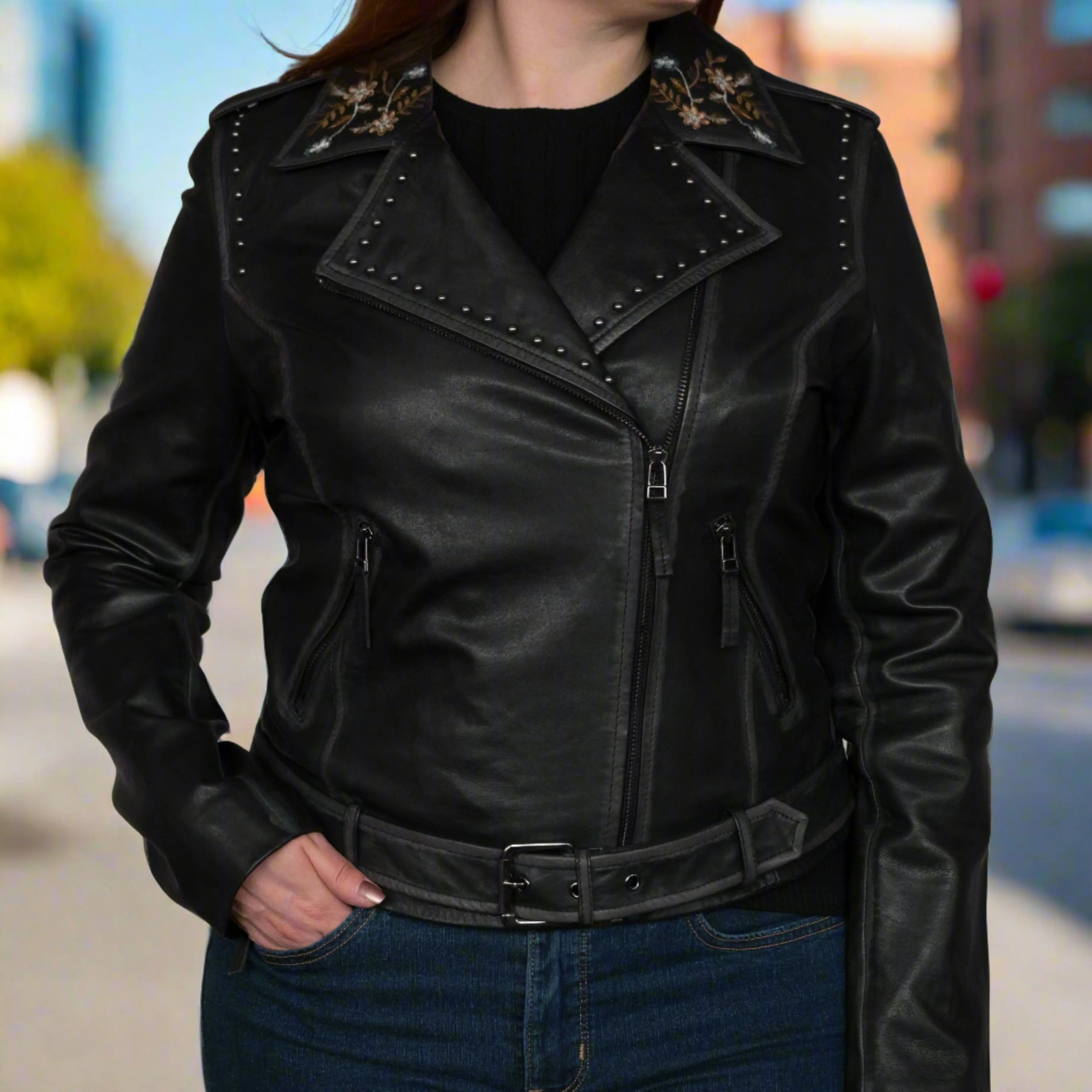 Women's Soft Lamb Leather Jacket with Floral Embroidery - Stylish Outerwear for Fall & Winter Fashion | Perfect for Date Nights, Parties & Casual Outings