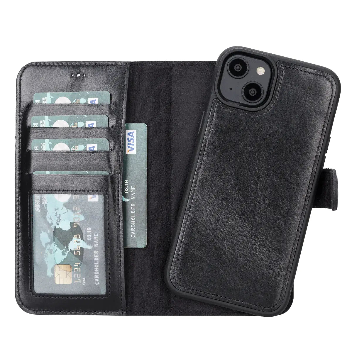 Premium Black Leather Wallet Case for iPhone 14 Plus - RFID Blocking, Card Slots & Kickstand | Slim Protective Phone Cover for Everyday Use, Travel & Business