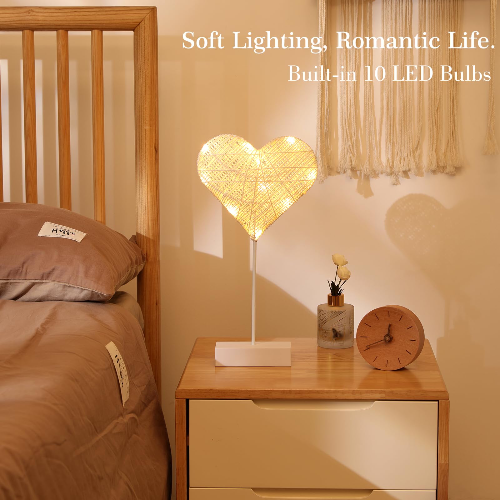 Romantic Heart-Shaped LED Table Lamp - Battery Powered Cotton Thread Night Light for Bedroom, Valentine's Day & Christmas Decor - Perfect for Bedside, Dorm Room, and Cozy Home Ambiance (White)