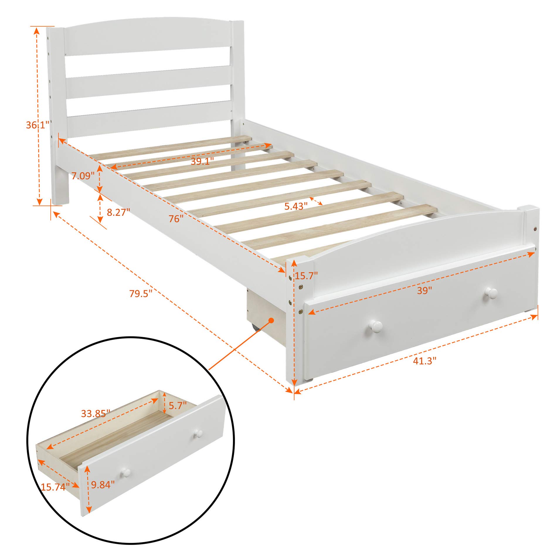 MERITLINE Twin Bed Frame with Storage Drawers - Wooden Platform Bed with Headboard & Slat Support - No Box Spring Required - White - Perfect for Small Spaces, Guest Rooms & Dormitories