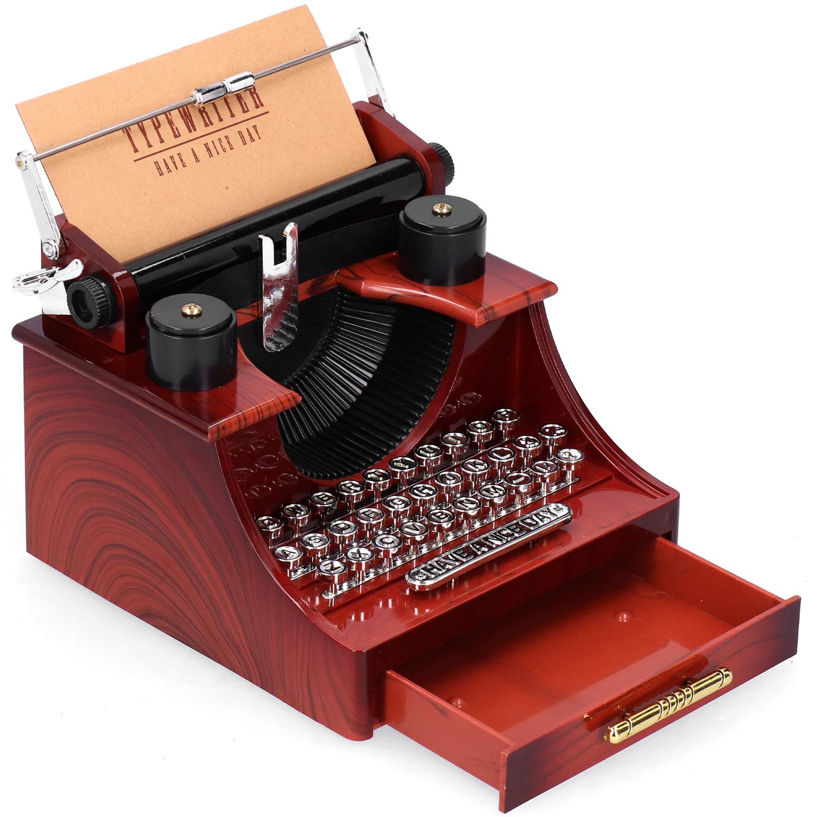Vintage GLOGLOW Clockwork Music Box with Typewriter Plastic Mechanism & Drawer - Hand-Cranked Melody Musical Gift for Home, Office Decor, Wedding & Anniversary Presents