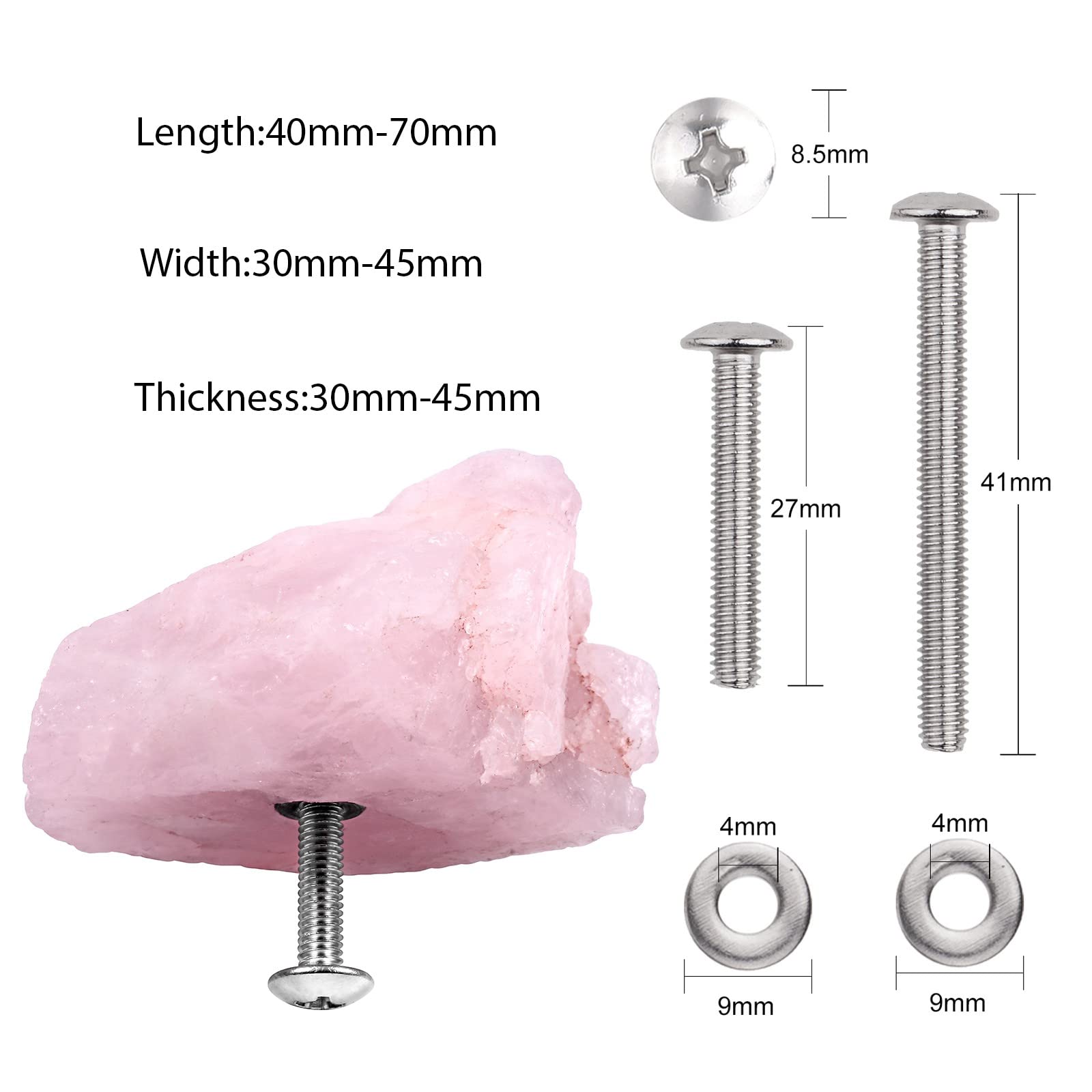 Amogeeli 2 Pack Natural Raw Rose Quartz Crystal Cabinet Knobs - Rough Stone Dresser Drawer Pull Handles with Screws for Bedroom, Bathroom & Closet Organization