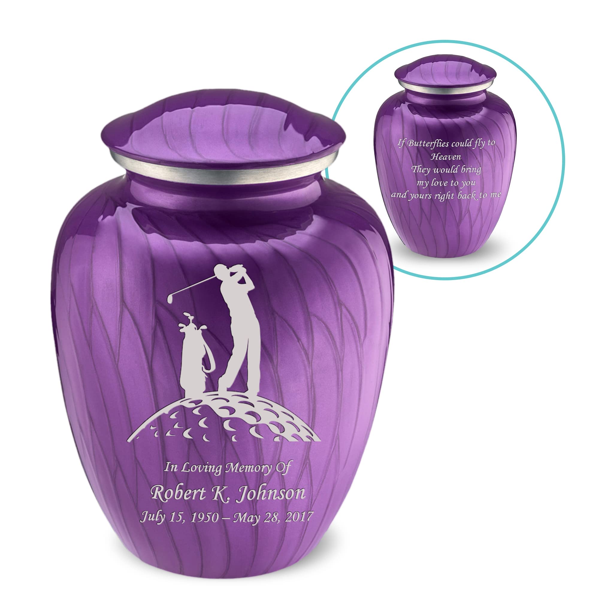 Personalized Golf Cremation Urns for Adults - Large Pearl Purple Funeral Urn for Men & Women with Double-Side Engraving (Holds 200 lbs) | Memorial Keepsake for Golf Lovers, Perfect for Home Display or Cemetery Placement