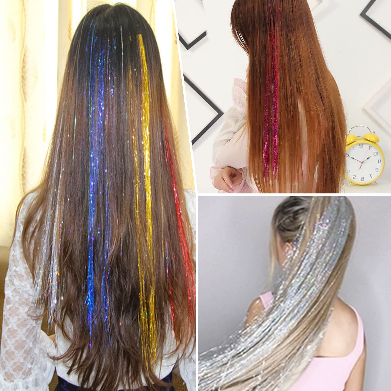 Sparkly Glitter Hair Extensions Kit - 23 Inch Heat Resistant Fairy Hair Tinsel with 10 Color Options | Clip-In Hair Accessories for Girls, Parties, Cosplay & Festivals