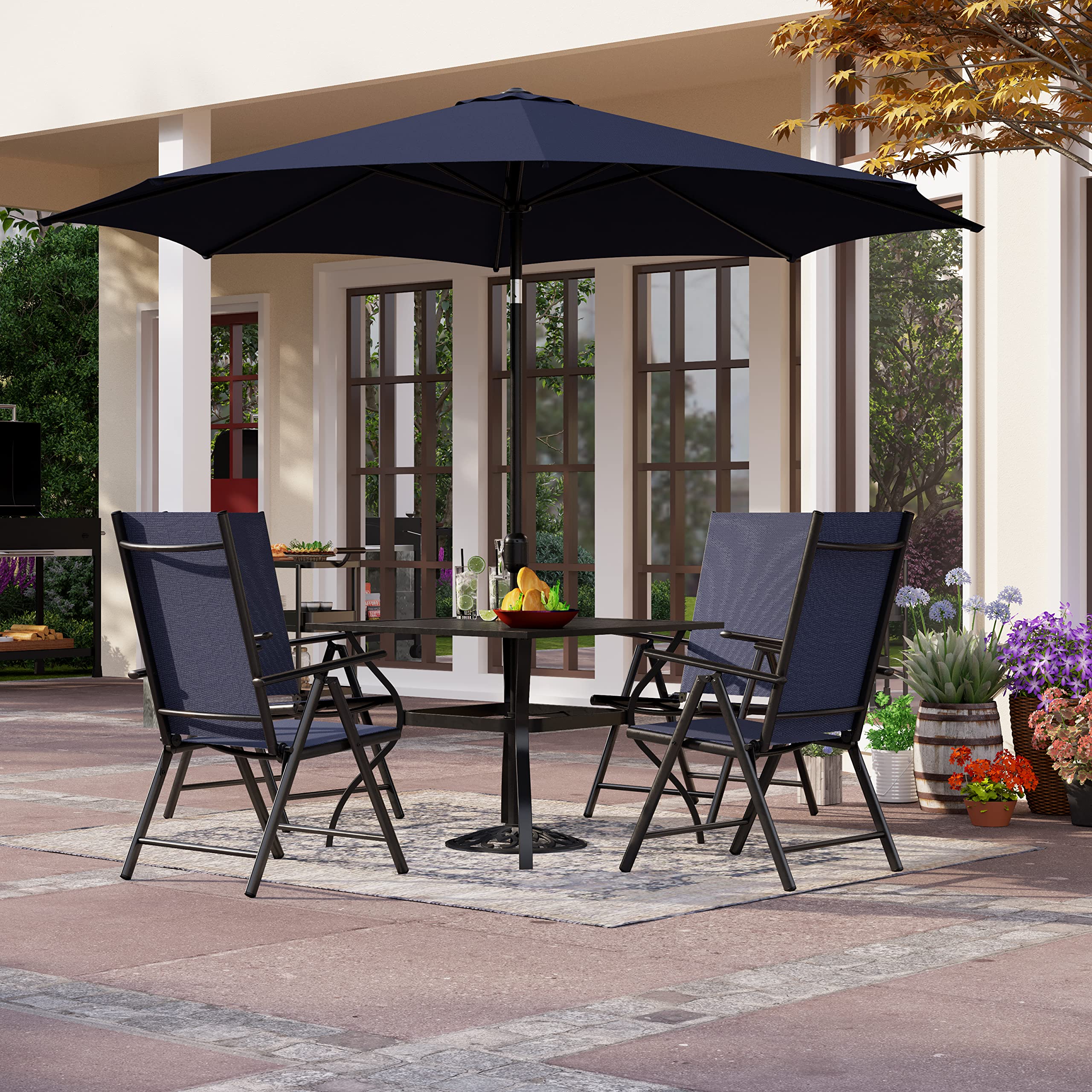 PHI VILLA 4-Piece Outdoor Patio Dining Set with Square Metal Table & Folding Chairs - Navy Blue - Perfect for Backyard, Garden, Poolside & BBQ Gatherings