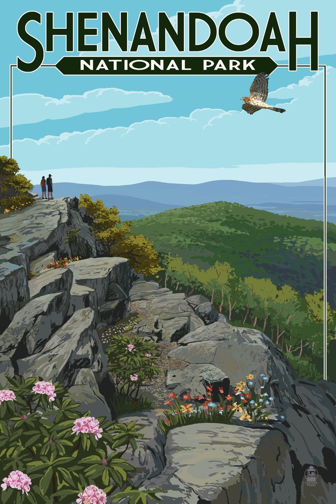 Shenandoah National Park Virginia Hikers and Hawks 42279 - 24x36 Signed Art Print Poster, Nature Wall Decor for Living Room, Office & Cabin