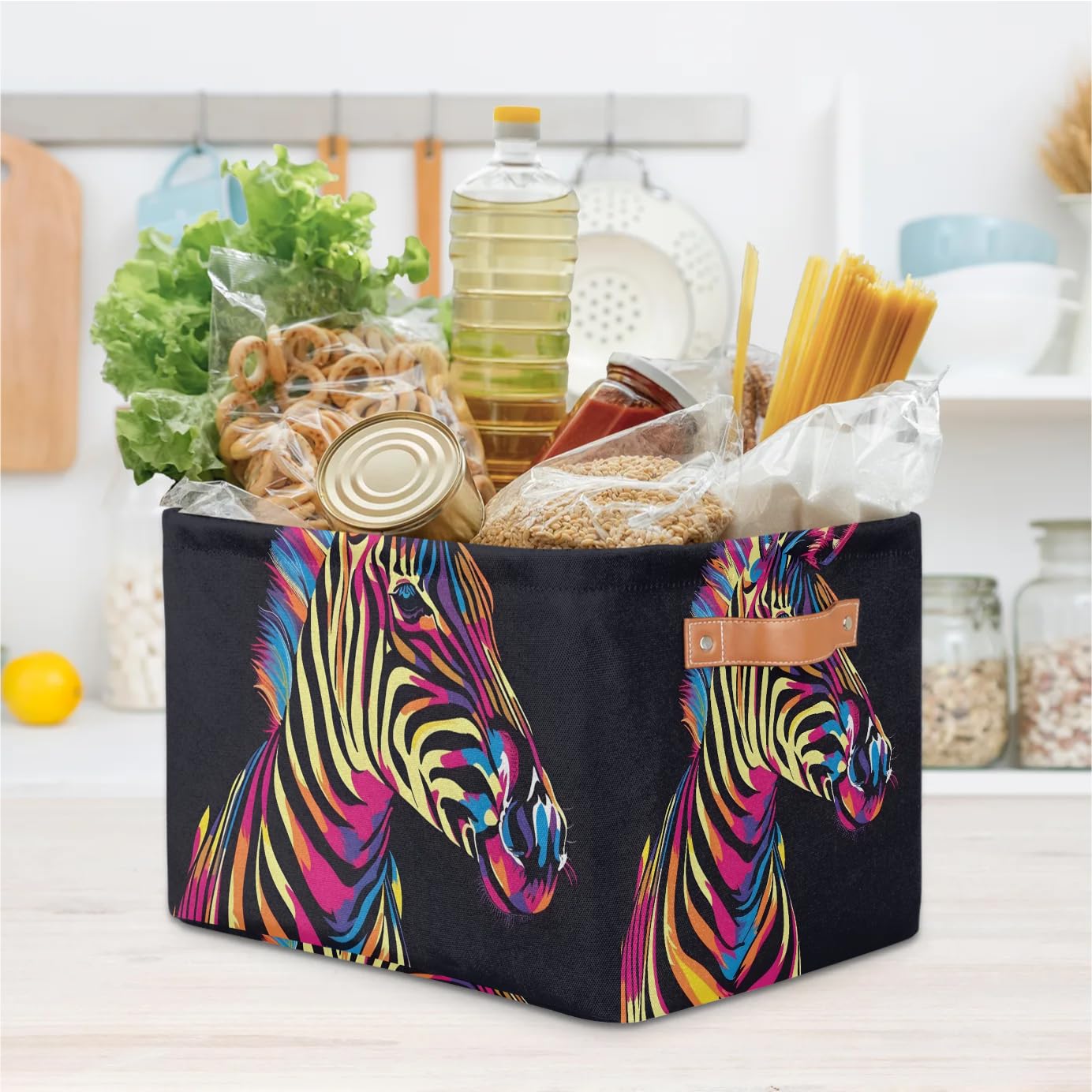 Large Zebra Print Storage Baskets with Handles - 2 Pack Fabric Closet Organizers for Shelves, Collapsible Decorative Bins for Home Organization | Perfect for Clothes, Toys & Bedroom Storage