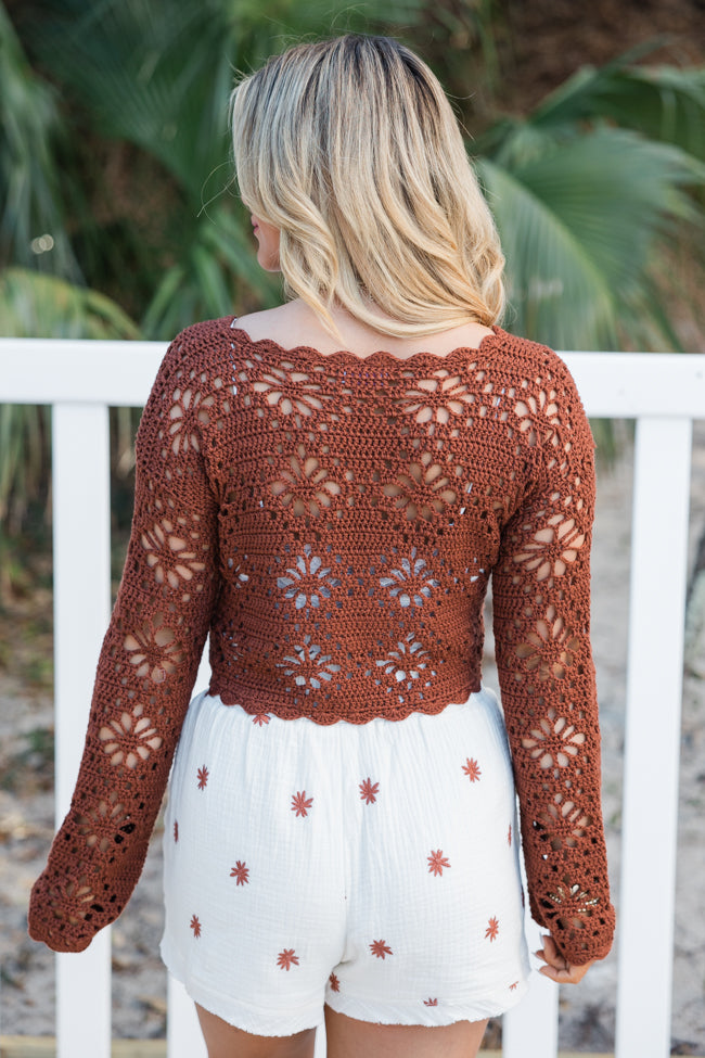 Stylish Terracotta Cropped Crochet Sweater for Women | Boho Chic Summer Top | Perfect for Beach Vacations & Music Festivals
