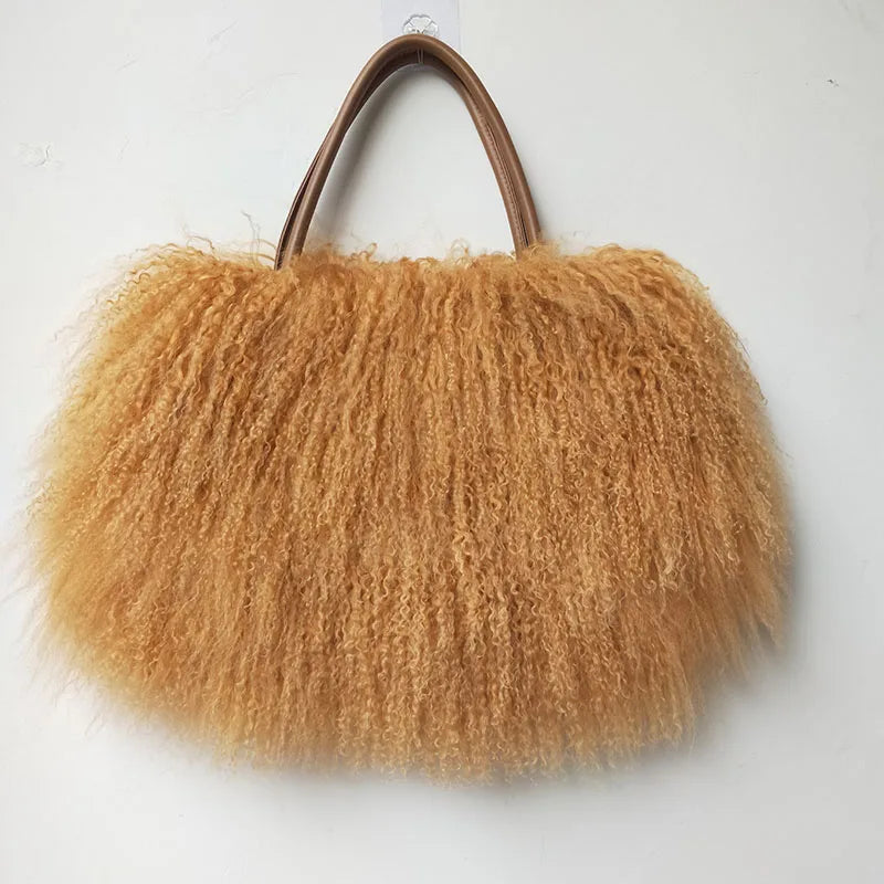 Genuine Mongolia Lamb Fur Handbag for Women - Natural Long Hair Fur Shoulder Bag - Elegant Tote Purse for Casual & Winter Fashion - Perfect for Daily Use, Office, and Special Occasions