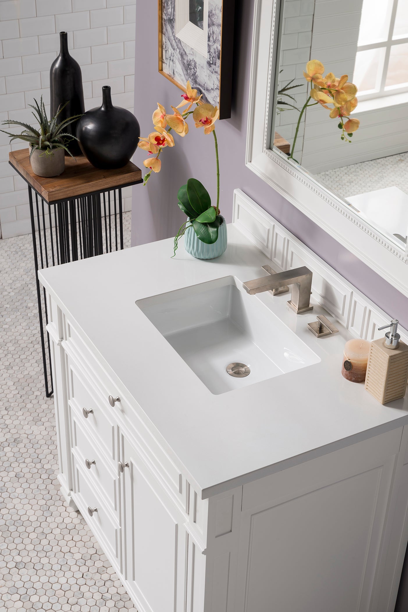 Bristol 36 Inch Single Bathroom Vanity with 3CM Classic White Quartz Top - Bright White Finish for Modern Bathroom Remodeling | Perfect for Small Spaces & Powder Rooms